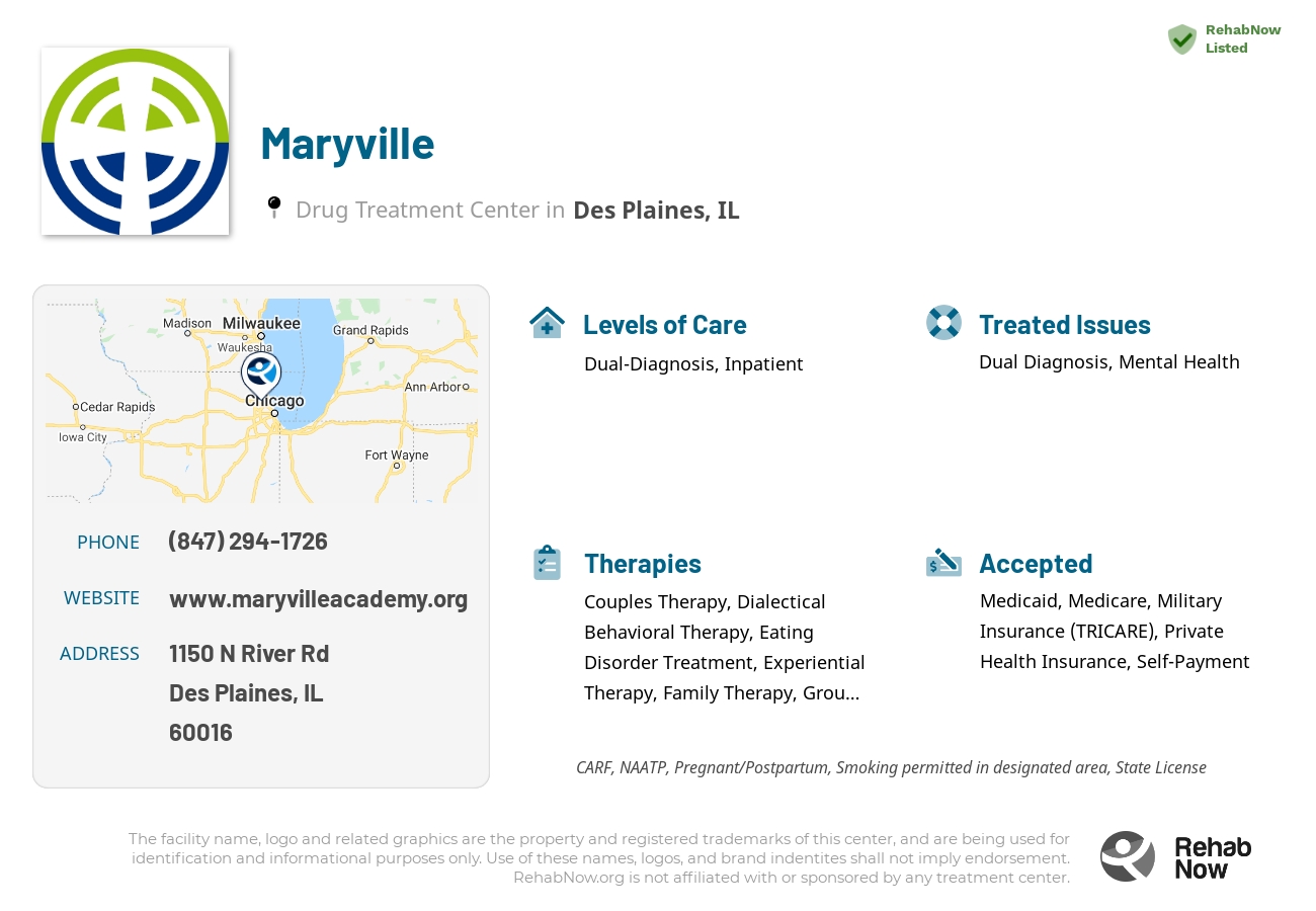 Helpful reference information for Maryville, a drug treatment center in Illinois located at: 1150 N River Rd, Des Plaines, IL 60016, including phone numbers, official website, and more. Listed briefly is an overview of Levels of Care, Therapies Offered, Issues Treated, and accepted forms of Payment Methods.