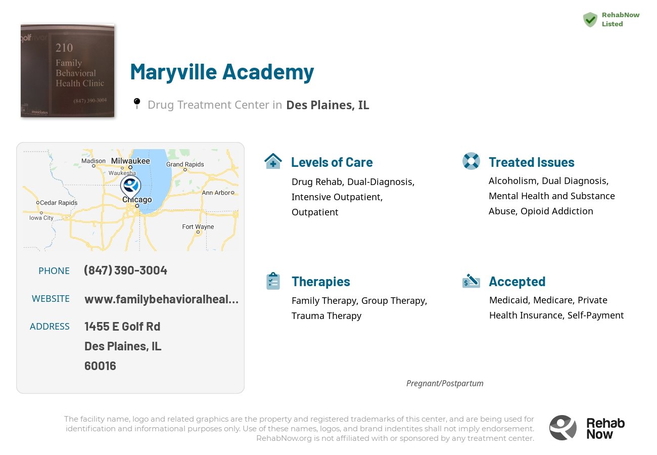 Helpful reference information for Maryville Academy, a drug treatment center in Illinois located at: 1455 E Golf Rd, Des Plaines, IL 60016, including phone numbers, official website, and more. Listed briefly is an overview of Levels of Care, Therapies Offered, Issues Treated, and accepted forms of Payment Methods.