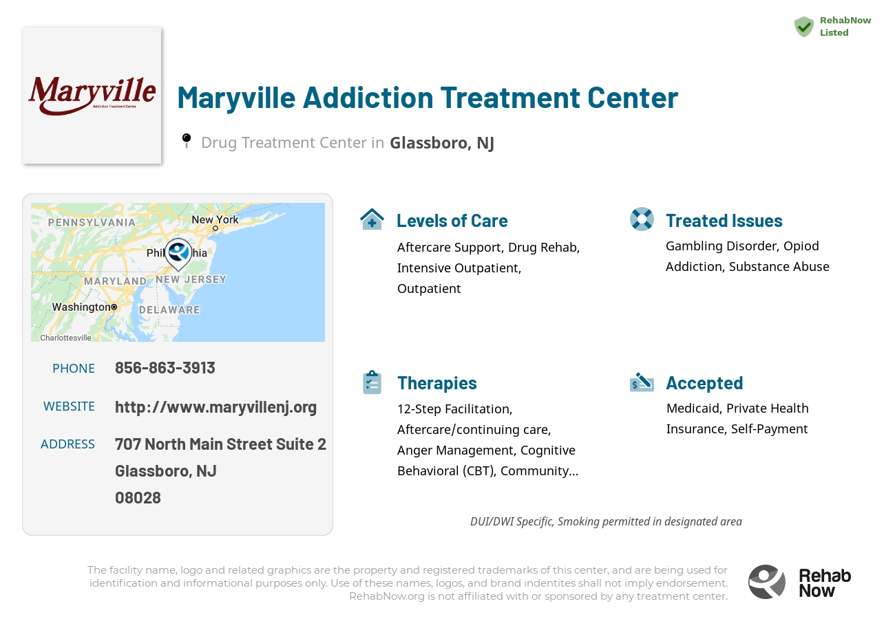 Helpful reference information for Maryville Addiction Treatment Center, a drug treatment center in New Jersey located at: 707 North Main Street Suite 2, Glassboro, NJ 08028, including phone numbers, official website, and more. Listed briefly is an overview of Levels of Care, Therapies Offered, Issues Treated, and accepted forms of Payment Methods.