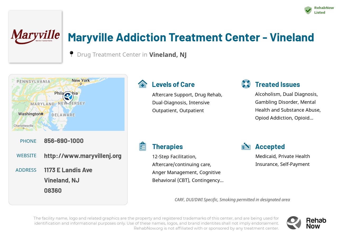 Helpful reference information for Maryville Addiction Treatment Center - Vineland, a drug treatment center in New Jersey located at: 1173 E Landis Ave, Vineland, NJ 08360, including phone numbers, official website, and more. Listed briefly is an overview of Levels of Care, Therapies Offered, Issues Treated, and accepted forms of Payment Methods.