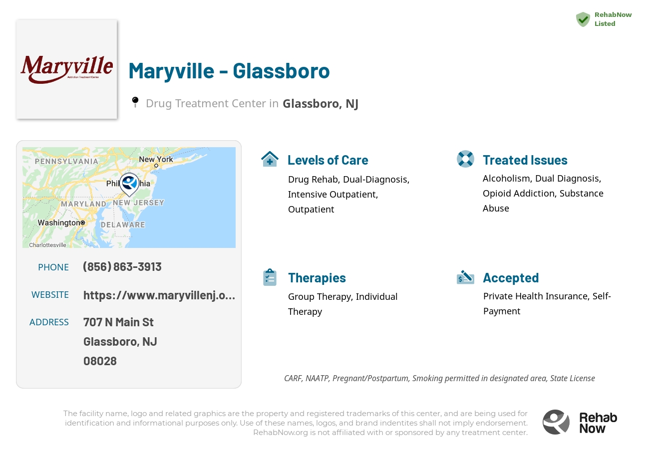 Helpful reference information for Maryville - Glassboro, a drug treatment center in New Jersey located at: 707 N Main St, Glassboro, NJ 08028, including phone numbers, official website, and more. Listed briefly is an overview of Levels of Care, Therapies Offered, Issues Treated, and accepted forms of Payment Methods.