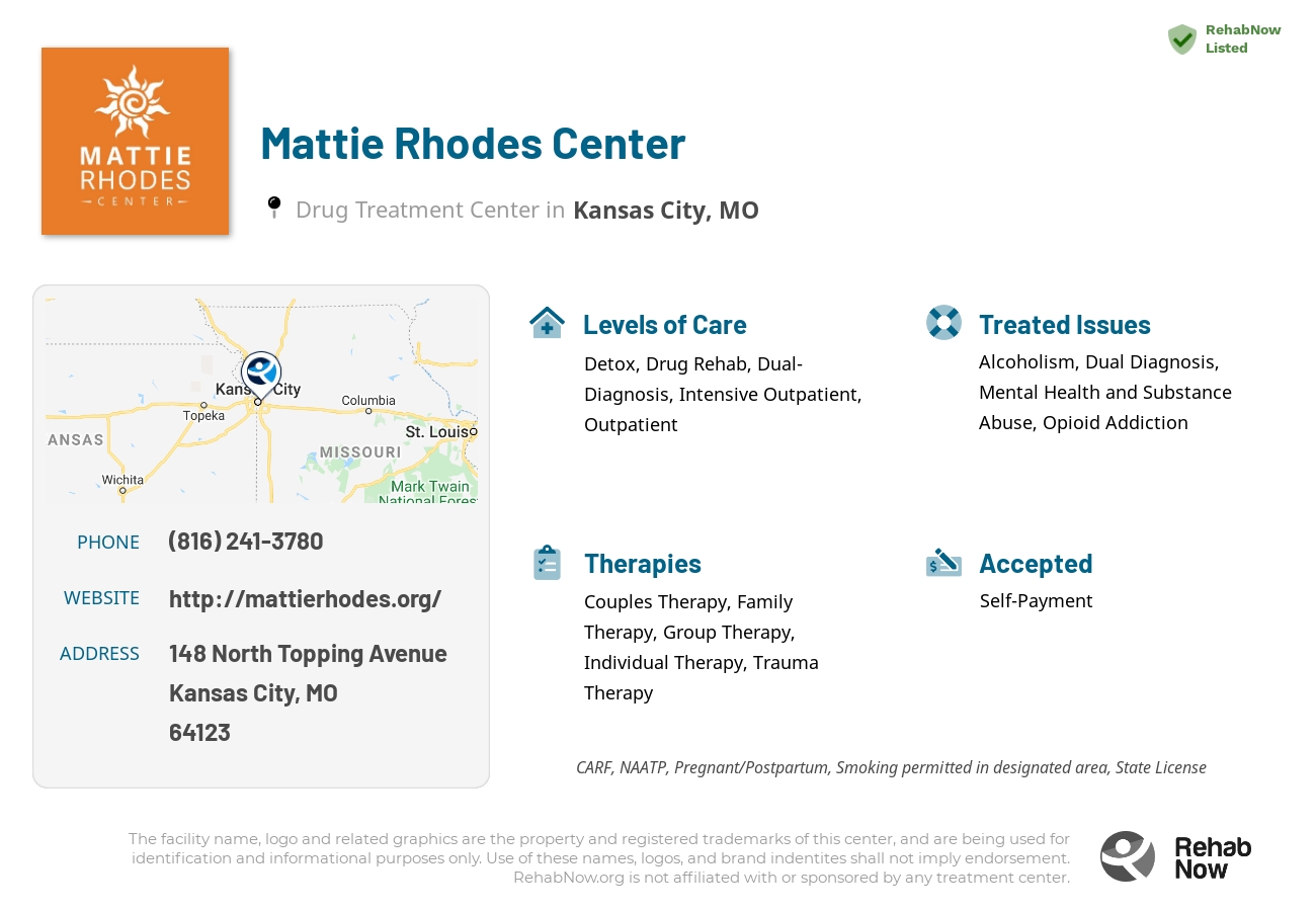 Helpful reference information for Mattie Rhodes Center, a drug treatment center in Missouri located at: 148 148 North Topping Avenue, Kansas City, MO 64123, including phone numbers, official website, and more. Listed briefly is an overview of Levels of Care, Therapies Offered, Issues Treated, and accepted forms of Payment Methods.
