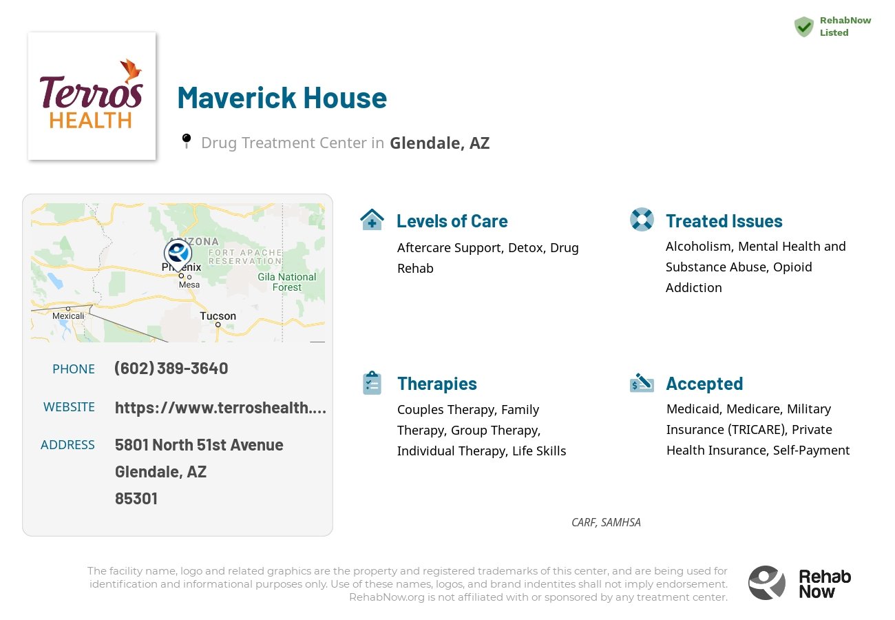 Helpful reference information for Maverick House, a drug treatment center in Arizona located at: 5801 North 51st Avenue, Glendale, AZ, 85301, including phone numbers, official website, and more. Listed briefly is an overview of Levels of Care, Therapies Offered, Issues Treated, and accepted forms of Payment Methods.