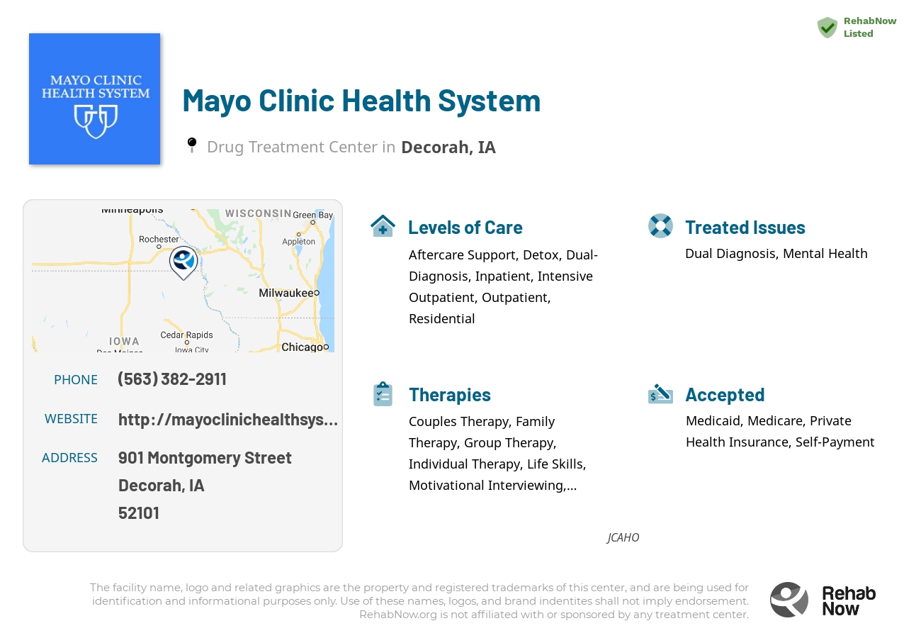 Helpful reference information for Mayo Clinic Health System, a drug treatment center in Iowa located at: 901 Montgomery Street, Decorah, IA, 52101, including phone numbers, official website, and more. Listed briefly is an overview of Levels of Care, Therapies Offered, Issues Treated, and accepted forms of Payment Methods.