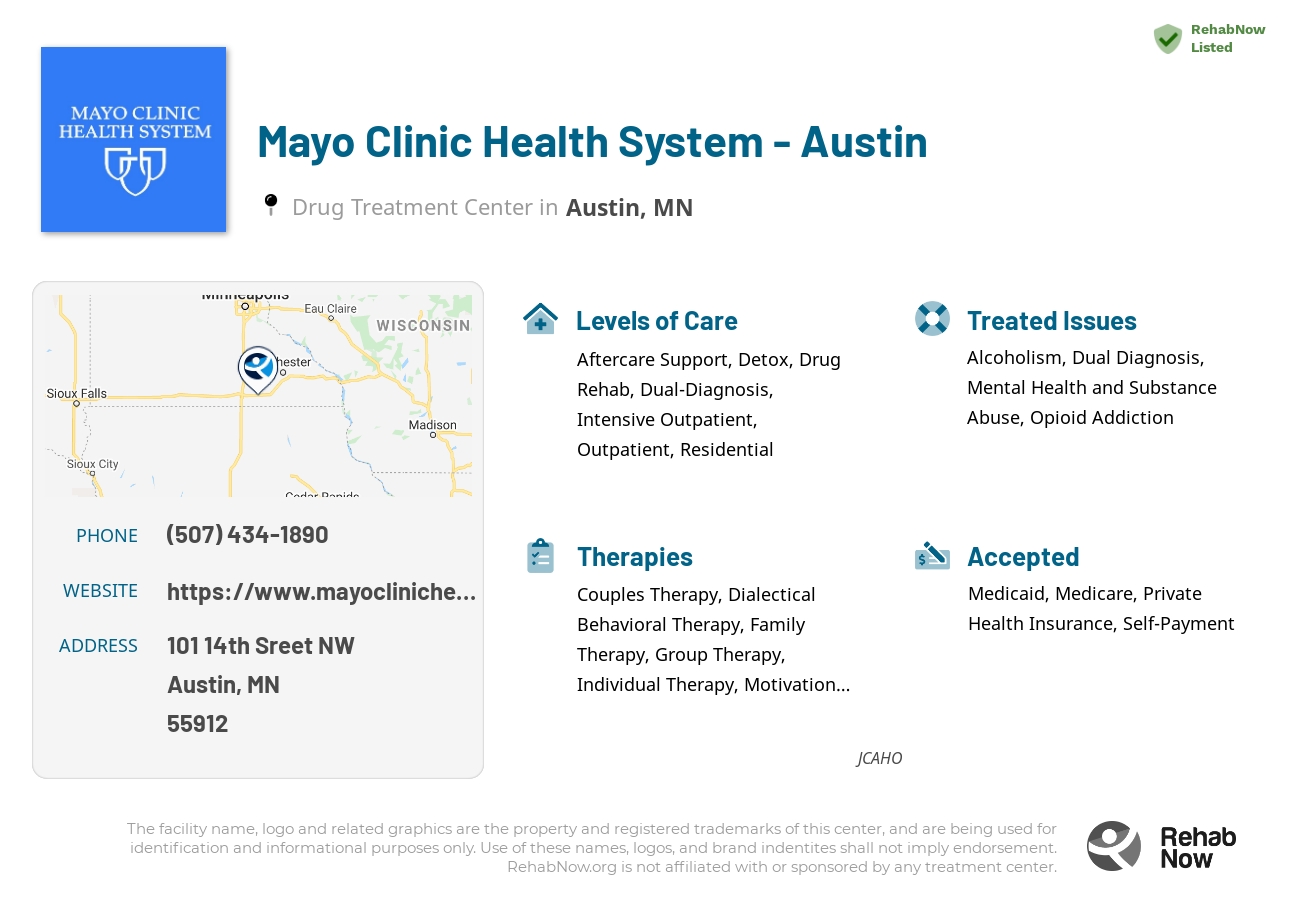 Helpful reference information for Mayo Clinic Health System - Austin, a drug treatment center in Minnesota located at: 101 14th Sreet NW, Austin, MN, 55912, including phone numbers, official website, and more. Listed briefly is an overview of Levels of Care, Therapies Offered, Issues Treated, and accepted forms of Payment Methods.