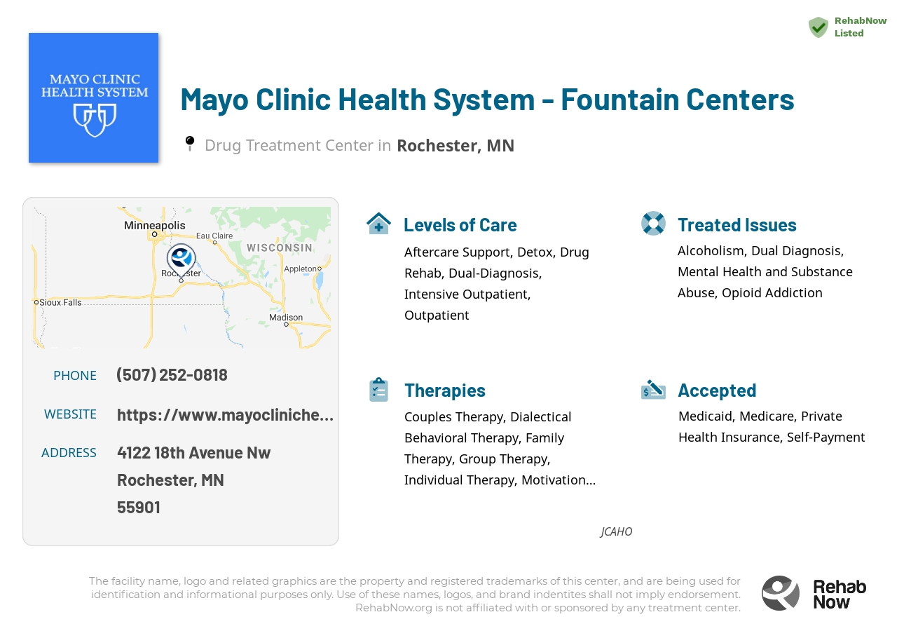 Helpful reference information for Mayo Clinic Health System - Fountain Centers, a drug treatment center in Minnesota located at: 4122 4122 18th Avenue Nw, Rochester, MN 55901, including phone numbers, official website, and more. Listed briefly is an overview of Levels of Care, Therapies Offered, Issues Treated, and accepted forms of Payment Methods.