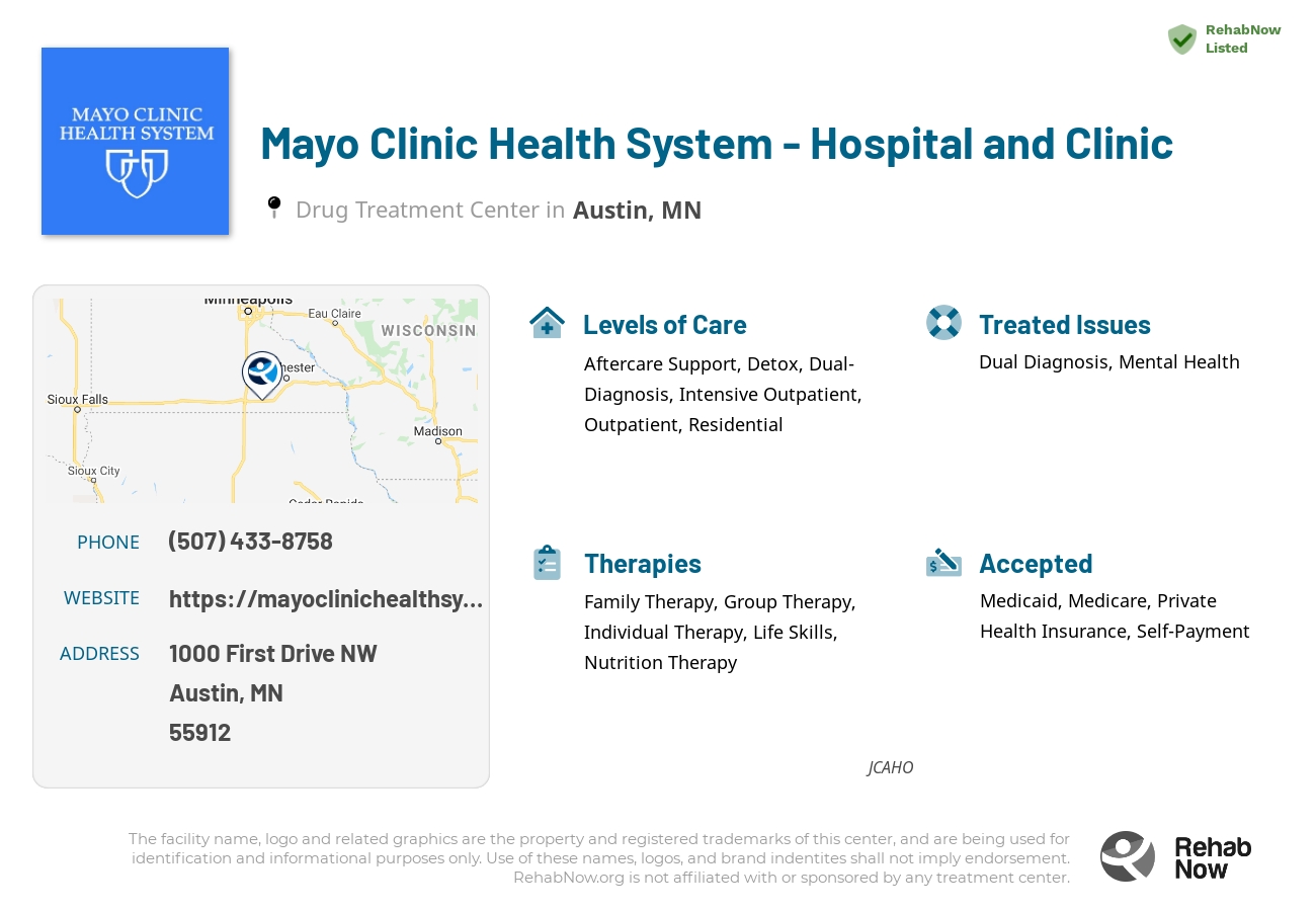 Helpful reference information for Mayo Clinic Health System - Hospital and Clinic, a drug treatment center in Minnesota located at: 1000 1000 First Drive NW, Austin, MN 55912, including phone numbers, official website, and more. Listed briefly is an overview of Levels of Care, Therapies Offered, Issues Treated, and accepted forms of Payment Methods.