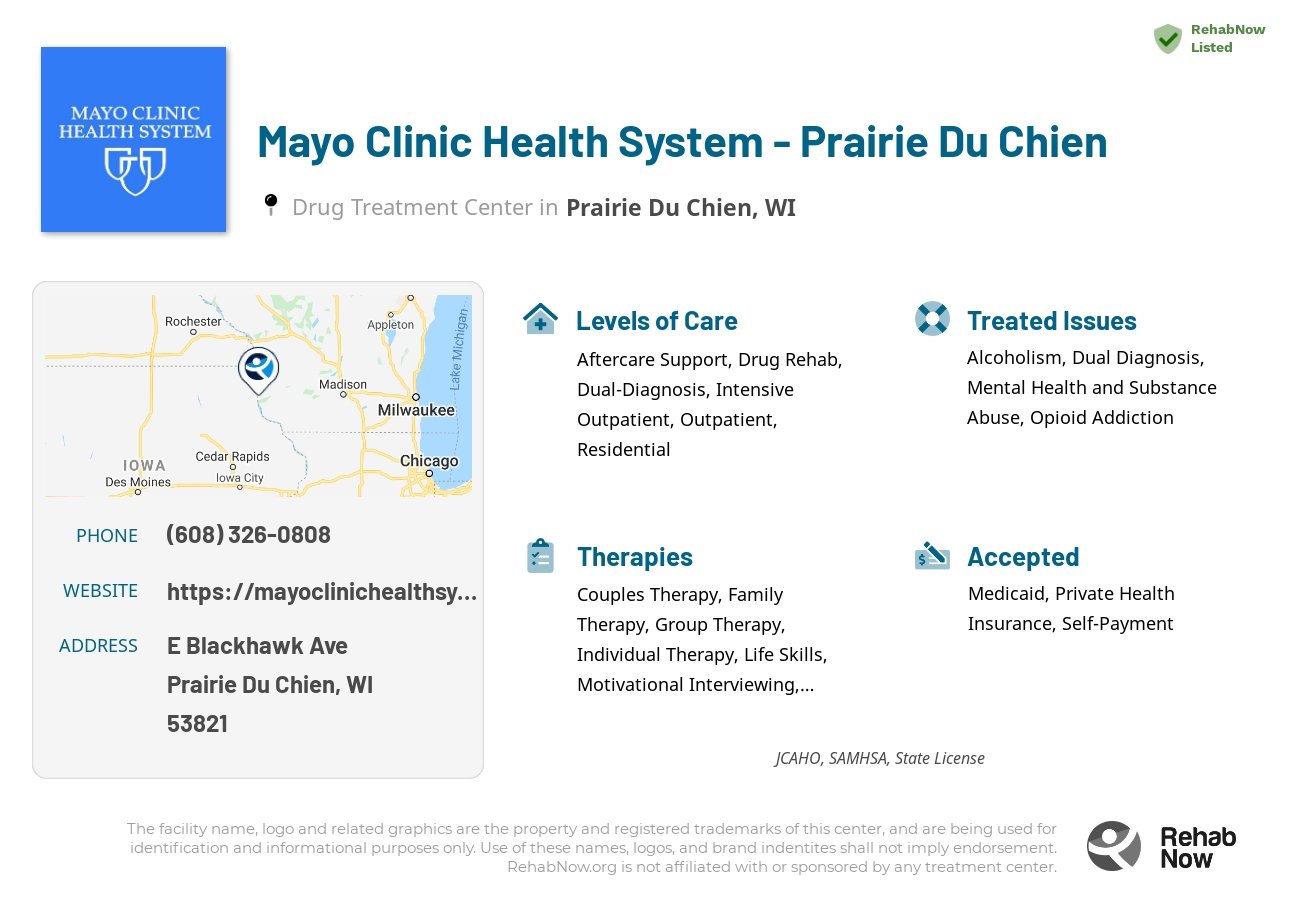 Helpful reference information for Mayo Clinic Health System - Prairie Du Chien, a drug treatment center in Wisconsin located at: E Blackhawk Ave, Prairie Du Chien, WI 53821, including phone numbers, official website, and more. Listed briefly is an overview of Levels of Care, Therapies Offered, Issues Treated, and accepted forms of Payment Methods.