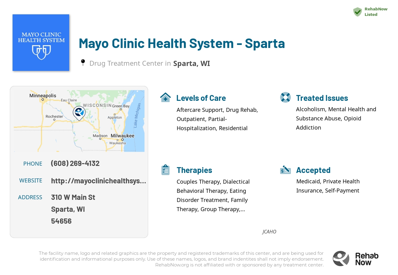 Helpful reference information for Mayo Clinic Health System - Sparta, a drug treatment center in Wisconsin located at: 310 W Main St, Sparta, WI 54656, including phone numbers, official website, and more. Listed briefly is an overview of Levels of Care, Therapies Offered, Issues Treated, and accepted forms of Payment Methods.