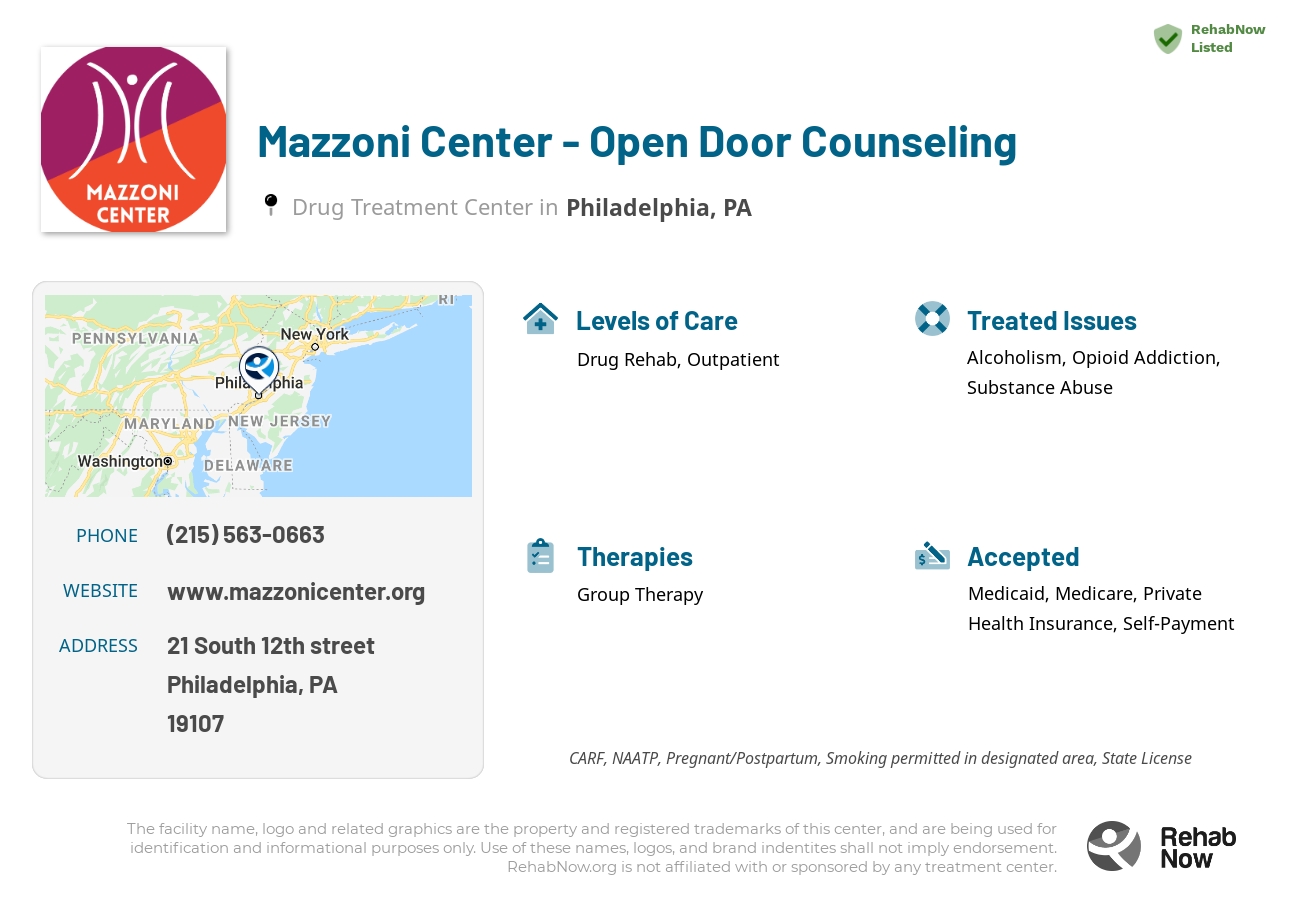 Helpful reference information for Mazzoni Center - Open Door Counseling, a drug treatment center in Pennsylvania located at: 21 South 12th street, Philadelphia, PA, 19107, including phone numbers, official website, and more. Listed briefly is an overview of Levels of Care, Therapies Offered, Issues Treated, and accepted forms of Payment Methods.