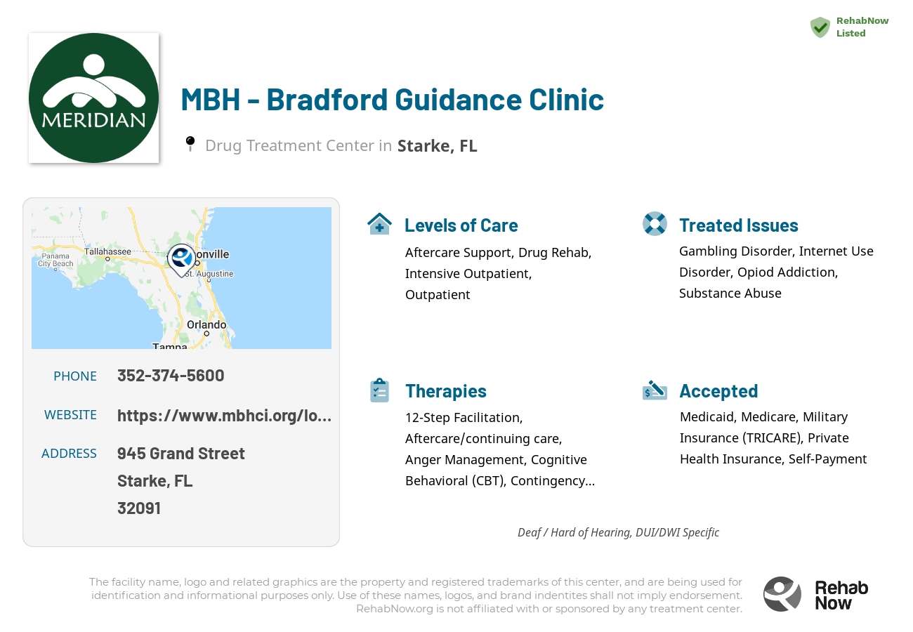 Helpful reference information for MBH - Bradford Guidance Clinic, a drug treatment center in Florida located at: 945 Grand Street, Starke, FL 32091, including phone numbers, official website, and more. Listed briefly is an overview of Levels of Care, Therapies Offered, Issues Treated, and accepted forms of Payment Methods.