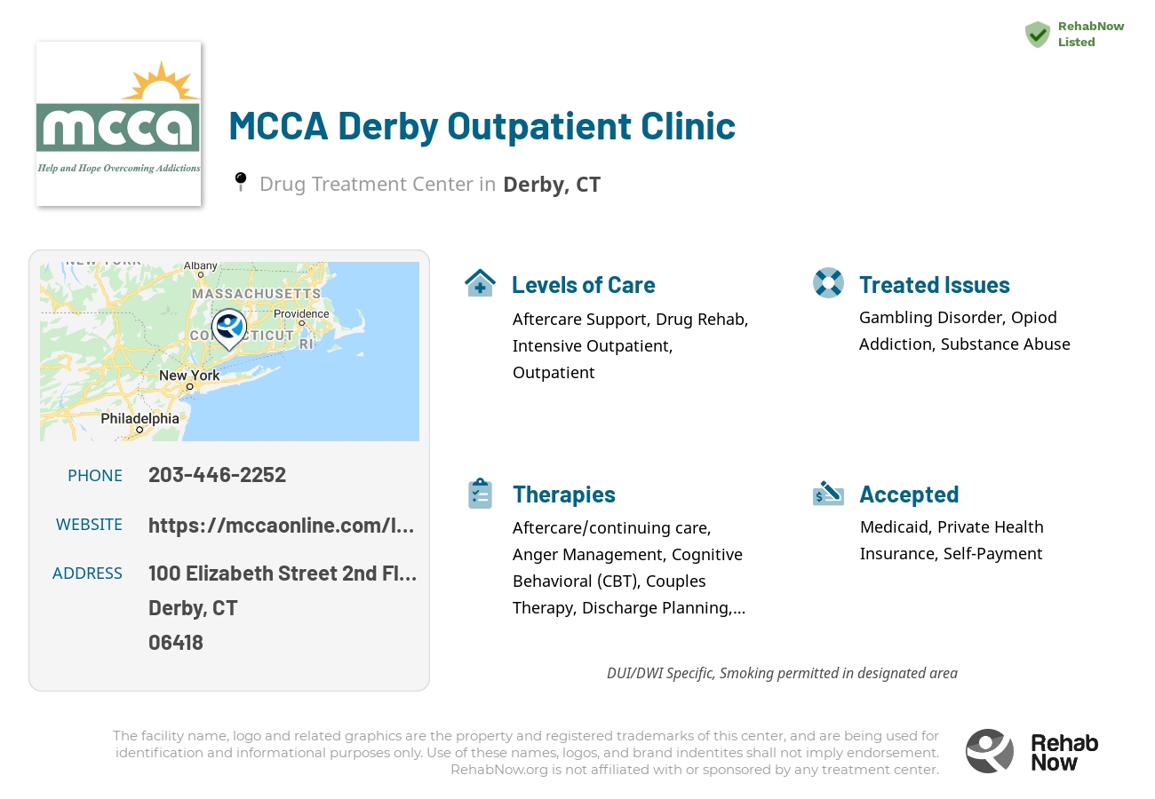Helpful reference information for MCCA Derby Outpatient Clinic, a drug treatment center in Connecticut located at: 100 Elizabeth Street 2nd Floor, Derby, CT 06418, including phone numbers, official website, and more. Listed briefly is an overview of Levels of Care, Therapies Offered, Issues Treated, and accepted forms of Payment Methods.