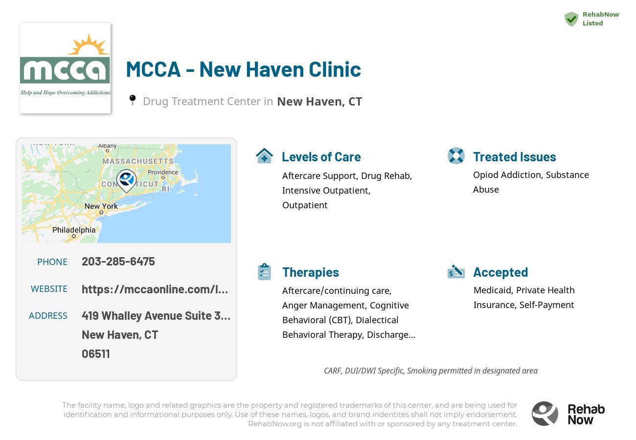 Helpful reference information for MCCA - New Haven Clinic, a drug treatment center in Connecticut located at: 419 Whalley Avenue Suite 300, New Haven, CT 06511, including phone numbers, official website, and more. Listed briefly is an overview of Levels of Care, Therapies Offered, Issues Treated, and accepted forms of Payment Methods.