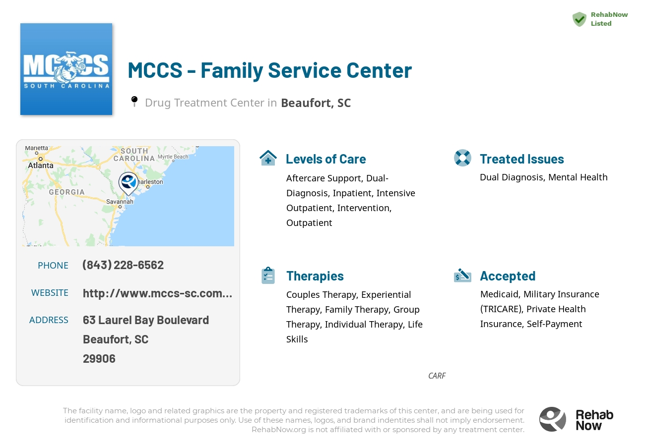 Helpful reference information for MCCS - Family Service Center, a drug treatment center in South Carolina located at: 63 63 Laurel Bay Boulevard, Beaufort, SC 29906, including phone numbers, official website, and more. Listed briefly is an overview of Levels of Care, Therapies Offered, Issues Treated, and accepted forms of Payment Methods.