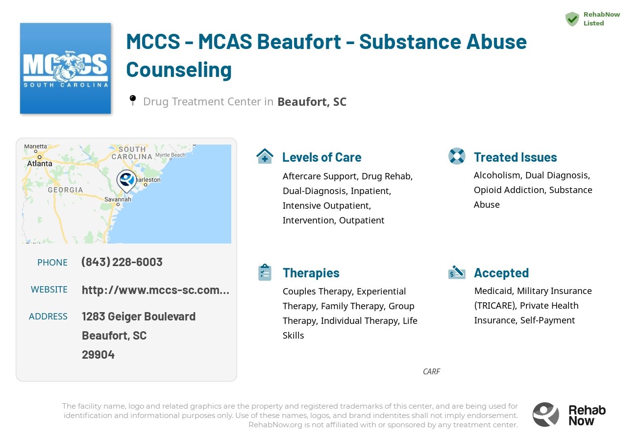 Helpful reference information for MCCS - MCAS Beaufort - Substance Abuse Counseling, a drug treatment center in South Carolina located at: 1283 Geiger Boulevard, Beaufort, SC 29904, including phone numbers, official website, and more. Listed briefly is an overview of Levels of Care, Therapies Offered, Issues Treated, and accepted forms of Payment Methods.