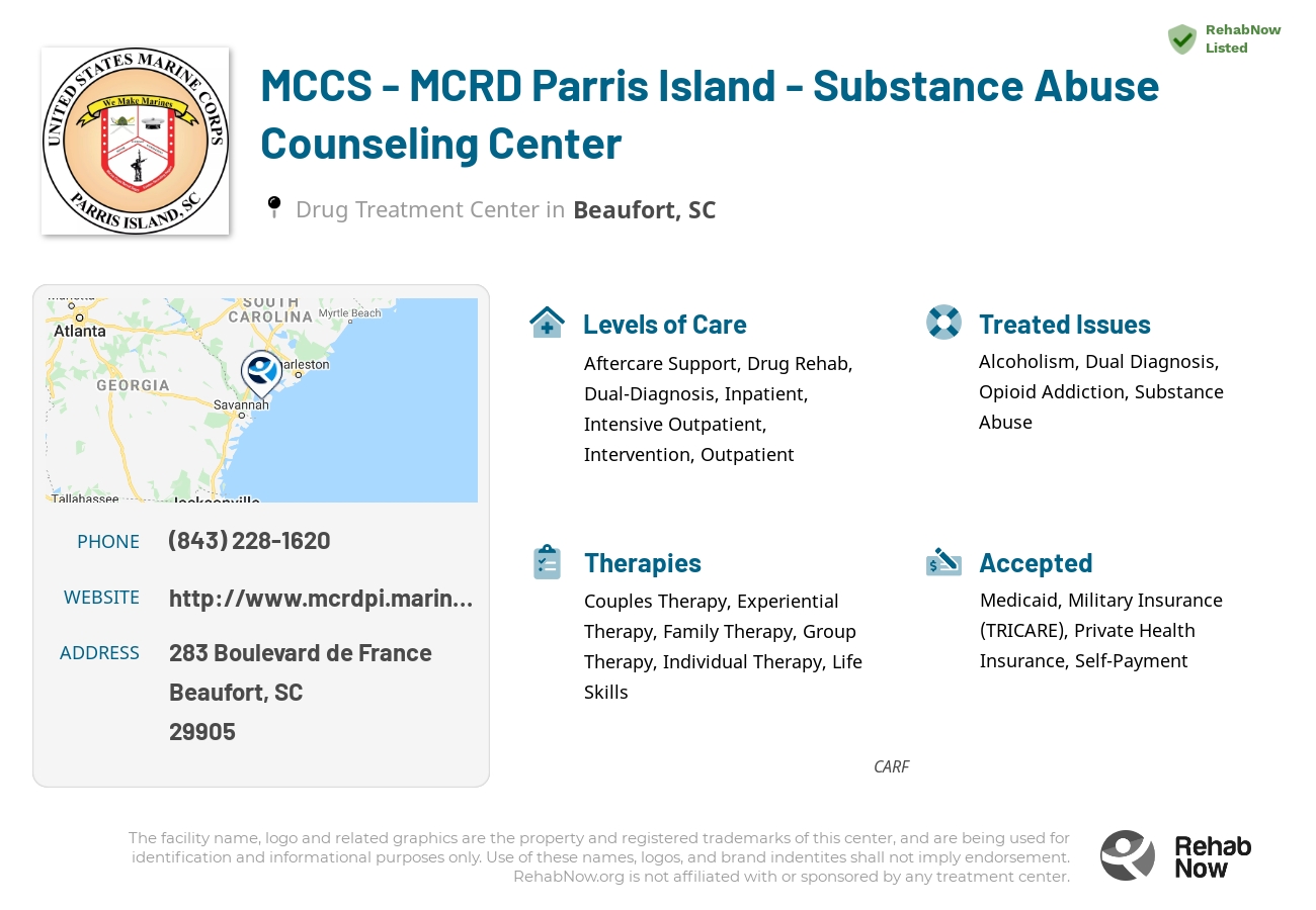 Helpful reference information for MCCS - MCRD Parris Island - Substance Abuse Counseling Center, a drug treatment center in South Carolina located at: 283 Boulevard de France, Beaufort, SC 29905, including phone numbers, official website, and more. Listed briefly is an overview of Levels of Care, Therapies Offered, Issues Treated, and accepted forms of Payment Methods.