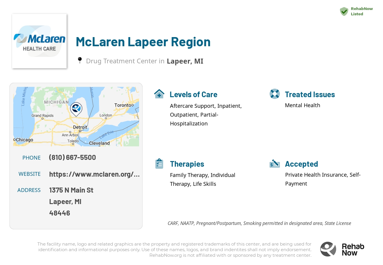 Helpful reference information for McLaren Lapeer Region, a drug treatment center in Michigan located at: 1375 N Main St, Lapeer, MI 48446, including phone numbers, official website, and more. Listed briefly is an overview of Levels of Care, Therapies Offered, Issues Treated, and accepted forms of Payment Methods.