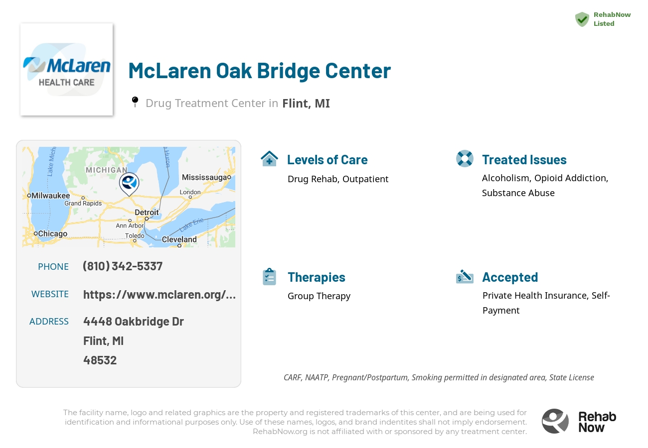 Helpful reference information for McLaren Oak Bridge Center, a drug treatment center in Michigan located at: 4448 Oakbridge Dr, Flint, MI 48532, including phone numbers, official website, and more. Listed briefly is an overview of Levels of Care, Therapies Offered, Issues Treated, and accepted forms of Payment Methods.