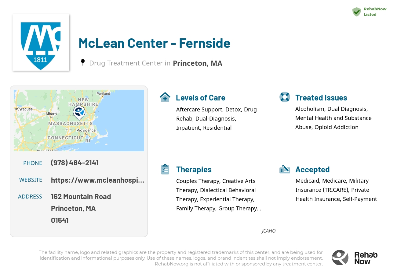 Helpful reference information for McLean Center - Fernside, a drug treatment center in Massachusetts located at: 162 Mountain Road, Princeton, MA, 01541, including phone numbers, official website, and more. Listed briefly is an overview of Levels of Care, Therapies Offered, Issues Treated, and accepted forms of Payment Methods.