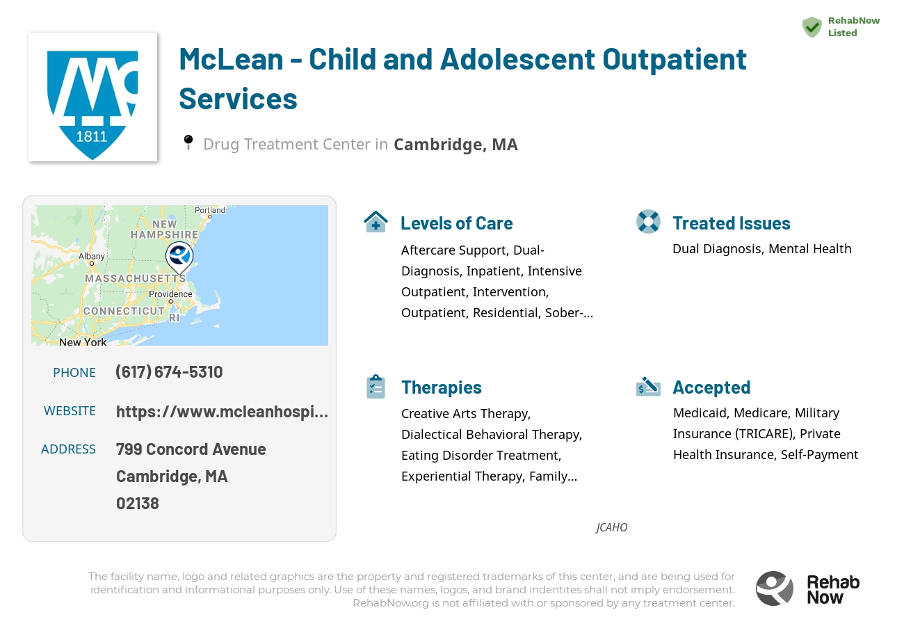 Helpful reference information for McLean - Child and Adolescent Outpatient Services, a drug treatment center in Massachusetts located at: 799 Concord Avenue, Cambridge, MA, 02138, including phone numbers, official website, and more. Listed briefly is an overview of Levels of Care, Therapies Offered, Issues Treated, and accepted forms of Payment Methods.