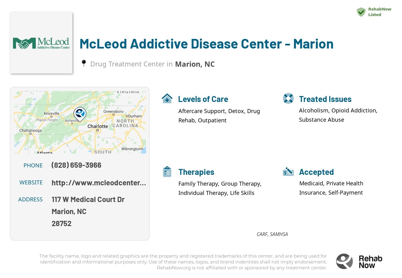 Helpful reference information for McLeod Addictive Disease Center - Marion, a drug treatment center in North Carolina located at: 117 W Medical Court Dr, Marion, NC 28752, including phone numbers, official website, and more. Listed briefly is an overview of Levels of Care, Therapies Offered, Issues Treated, and accepted forms of Payment Methods.