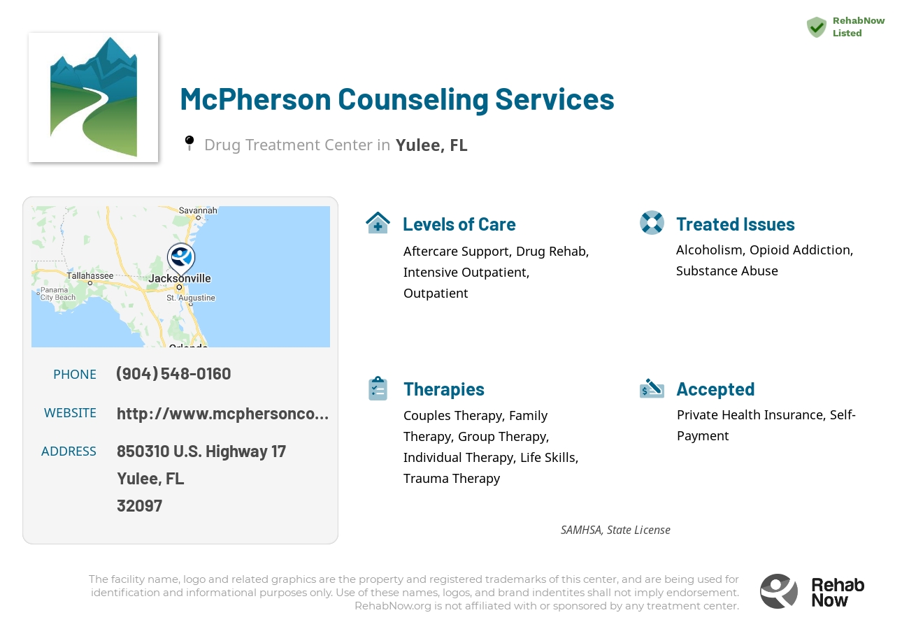 Helpful reference information for McPherson Counseling Services, a drug treatment center in Florida located at: 850310 U.S. Highway 17, Yulee, FL 32097, including phone numbers, official website, and more. Listed briefly is an overview of Levels of Care, Therapies Offered, Issues Treated, and accepted forms of Payment Methods.