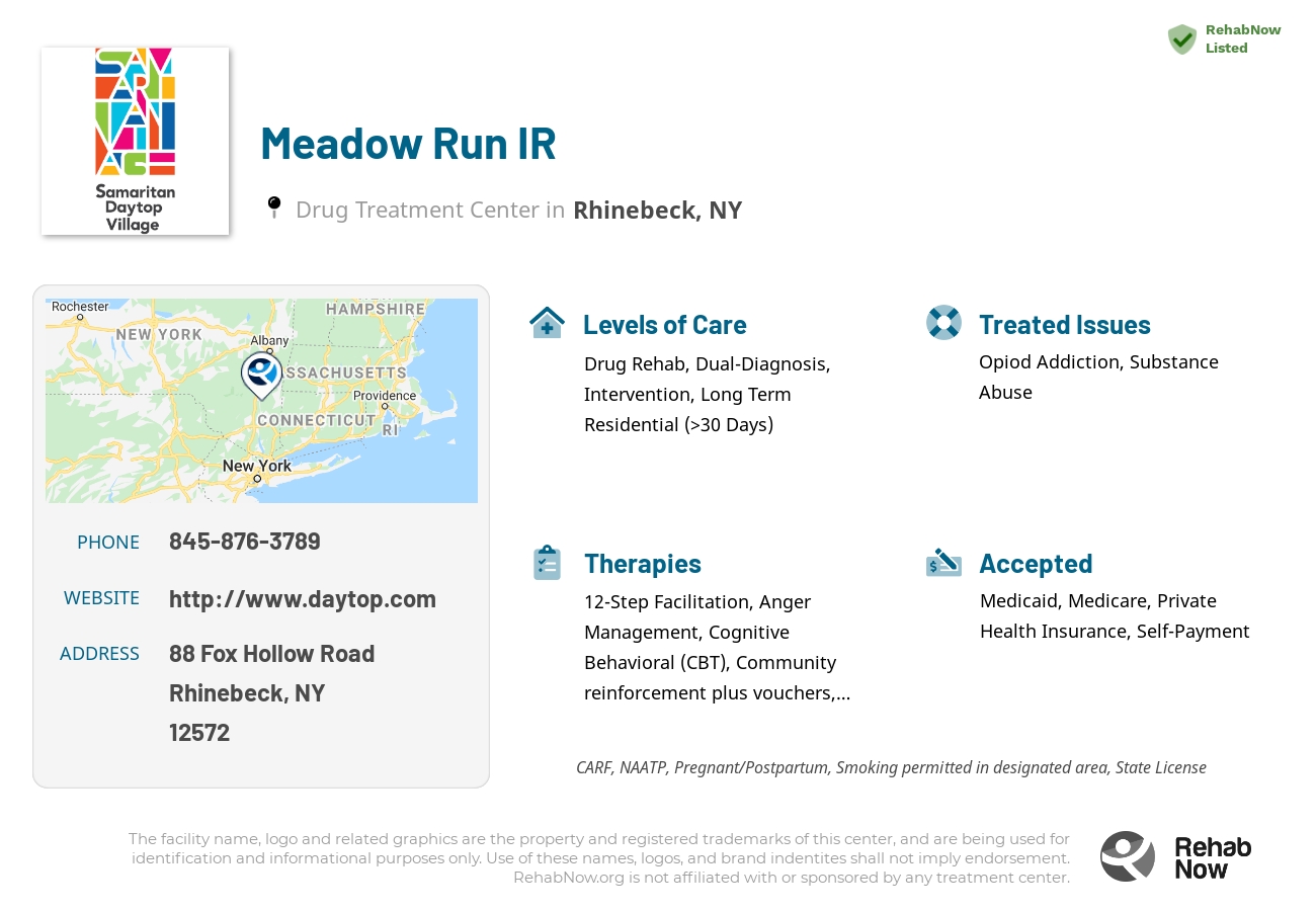Helpful reference information for Meadow Run IR, a drug treatment center in New York located at: 88 Fox Hollow Road, Rhinebeck, NY 12572, including phone numbers, official website, and more. Listed briefly is an overview of Levels of Care, Therapies Offered, Issues Treated, and accepted forms of Payment Methods.