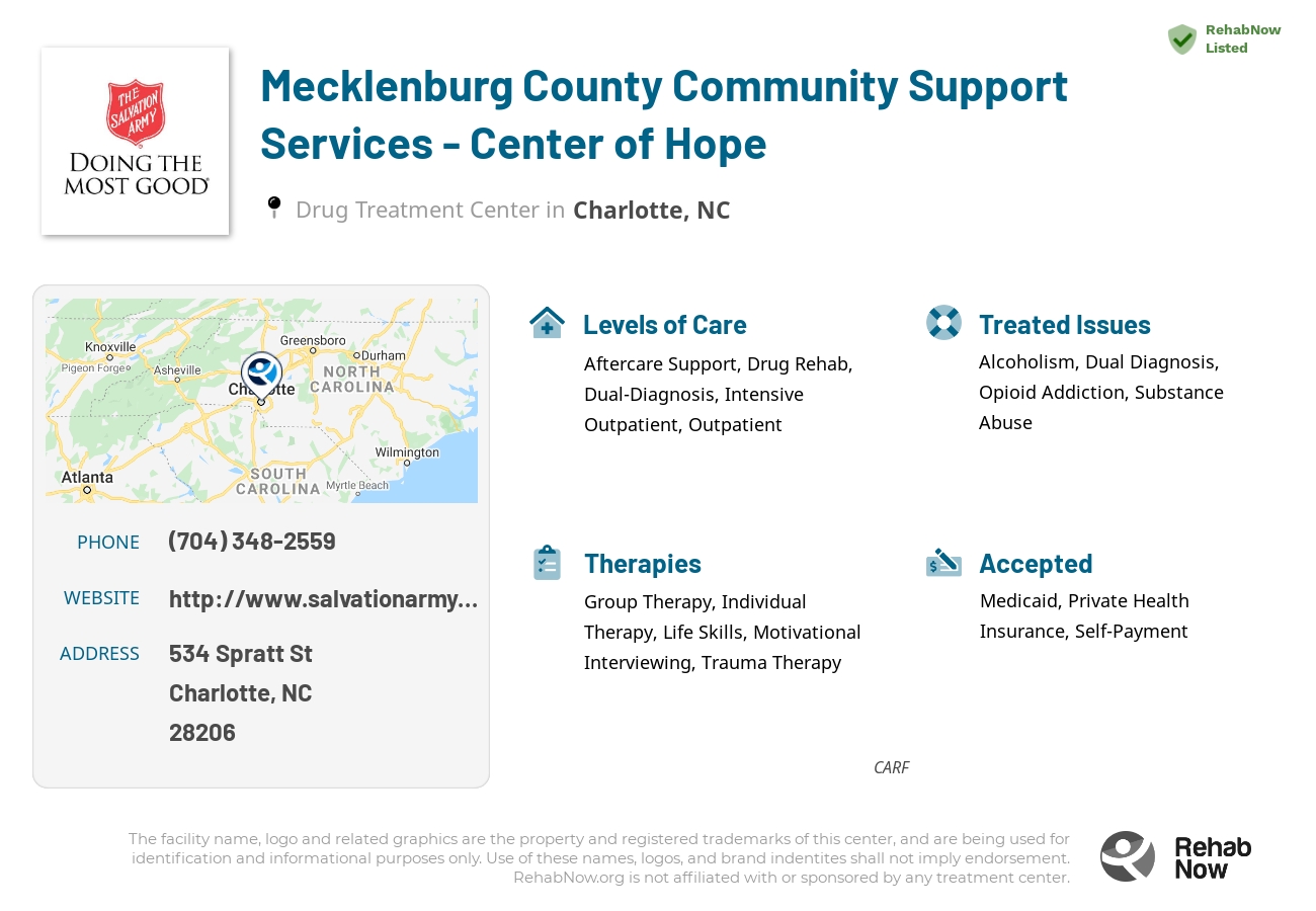 Helpful reference information for Mecklenburg County Community Support Services - Center of Hope, a drug treatment center in North Carolina located at: 534 Spratt St, Charlotte, NC 28206, including phone numbers, official website, and more. Listed briefly is an overview of Levels of Care, Therapies Offered, Issues Treated, and accepted forms of Payment Methods.