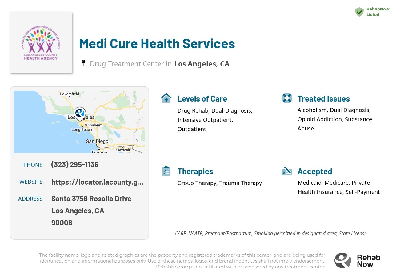 Helpful reference information for Medi Cure Health Services, a drug treatment center in California located at: Santa 3756 Rosalia Drive, Los Angeles, CA, 90008, including phone numbers, official website, and more. Listed briefly is an overview of Levels of Care, Therapies Offered, Issues Treated, and accepted forms of Payment Methods.