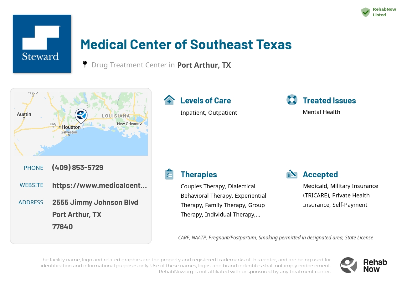 Helpful reference information for Medical Center of Southeast Texas, a drug treatment center in Texas located at: 2555 Jimmy Johnson Blvd, Port Arthur, TX 77640, including phone numbers, official website, and more. Listed briefly is an overview of Levels of Care, Therapies Offered, Issues Treated, and accepted forms of Payment Methods.