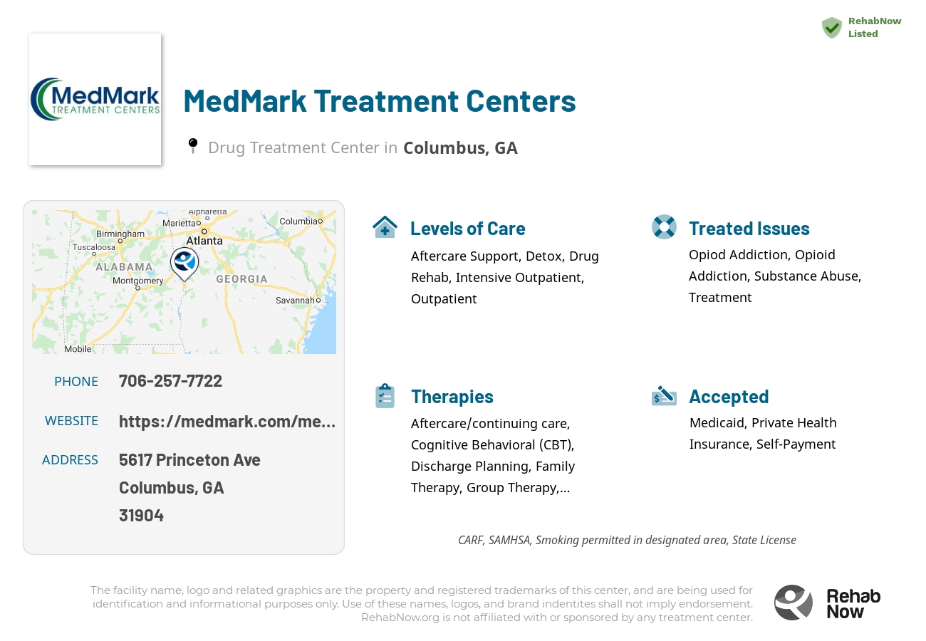 Helpful reference information for MedMark Treatment Centers, a drug treatment center in Georgia located at: 5617 Princeton Ave, Columbus, GA 31904, including phone numbers, official website, and more. Listed briefly is an overview of Levels of Care, Therapies Offered, Issues Treated, and accepted forms of Payment Methods.