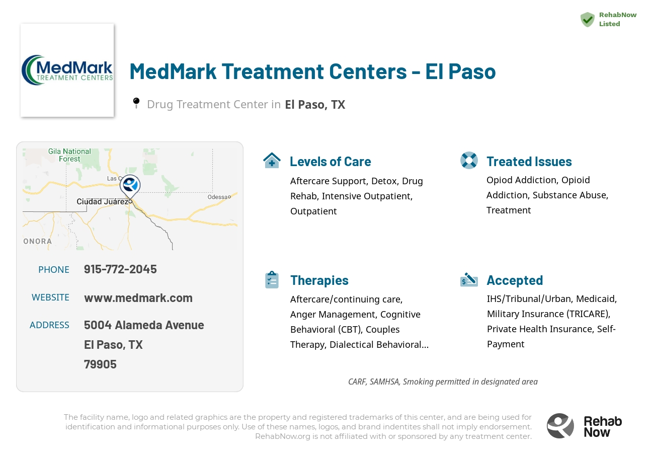 Helpful reference information for MedMark Treatment Centers - El Paso, a drug treatment center in Texas located at: 5004 Alameda Avenue, El Paso, TX, 79905, including phone numbers, official website, and more. Listed briefly is an overview of Levels of Care, Therapies Offered, Issues Treated, and accepted forms of Payment Methods.