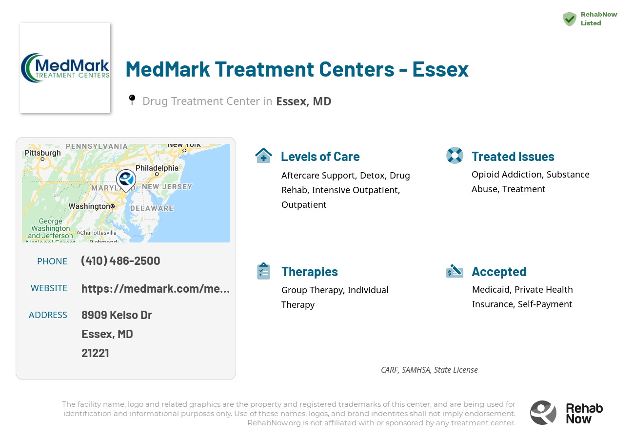 Helpful reference information for MedMark Treatment Centers - Essex, a drug treatment center in Maryland located at: 8909 Kelso Dr, Essex, MD 21221, including phone numbers, official website, and more. Listed briefly is an overview of Levels of Care, Therapies Offered, Issues Treated, and accepted forms of Payment Methods.