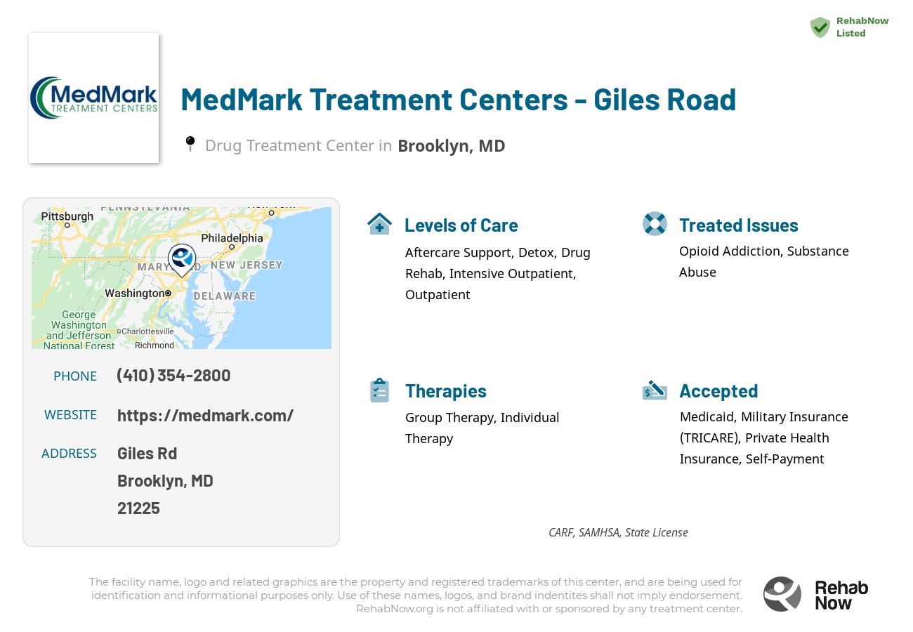 Helpful reference information for MedMark Treatment Centers - Giles Road, a drug treatment center in Maryland located at: Giles Rd, Brooklyn, MD 21225, including phone numbers, official website, and more. Listed briefly is an overview of Levels of Care, Therapies Offered, Issues Treated, and accepted forms of Payment Methods.
