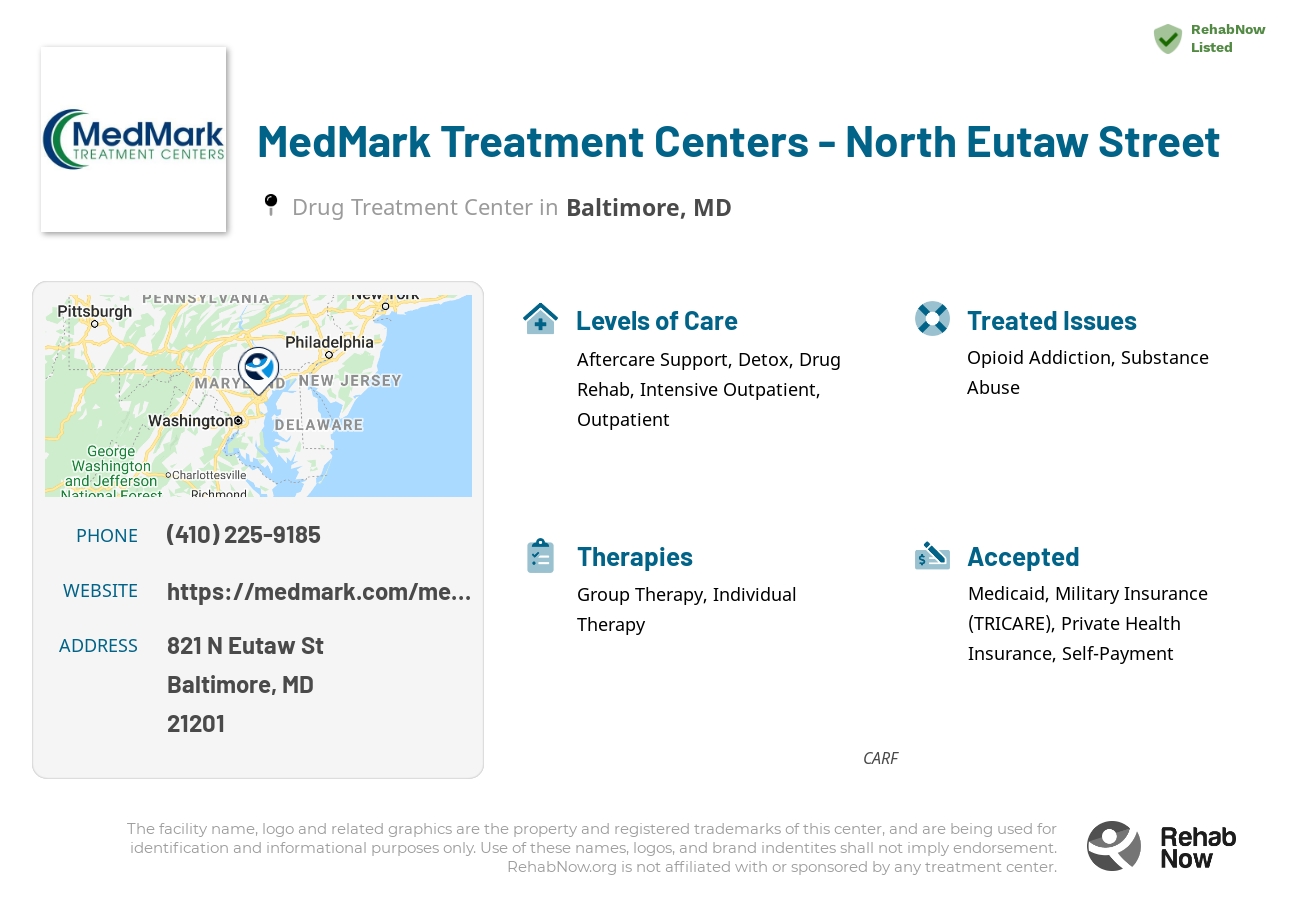 Helpful reference information for MedMark Treatment Centers - North Eutaw Street, a drug treatment center in Maryland located at: 821 N Eutaw St, Baltimore, MD 21201, including phone numbers, official website, and more. Listed briefly is an overview of Levels of Care, Therapies Offered, Issues Treated, and accepted forms of Payment Methods.