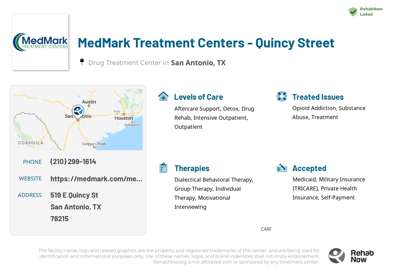 Helpful reference information for MedMark Treatment Centers - Quincy Street, a drug treatment center in Texas located at: 519 E Quincy St, San Antonio, TX 78215, including phone numbers, official website, and more. Listed briefly is an overview of Levels of Care, Therapies Offered, Issues Treated, and accepted forms of Payment Methods.