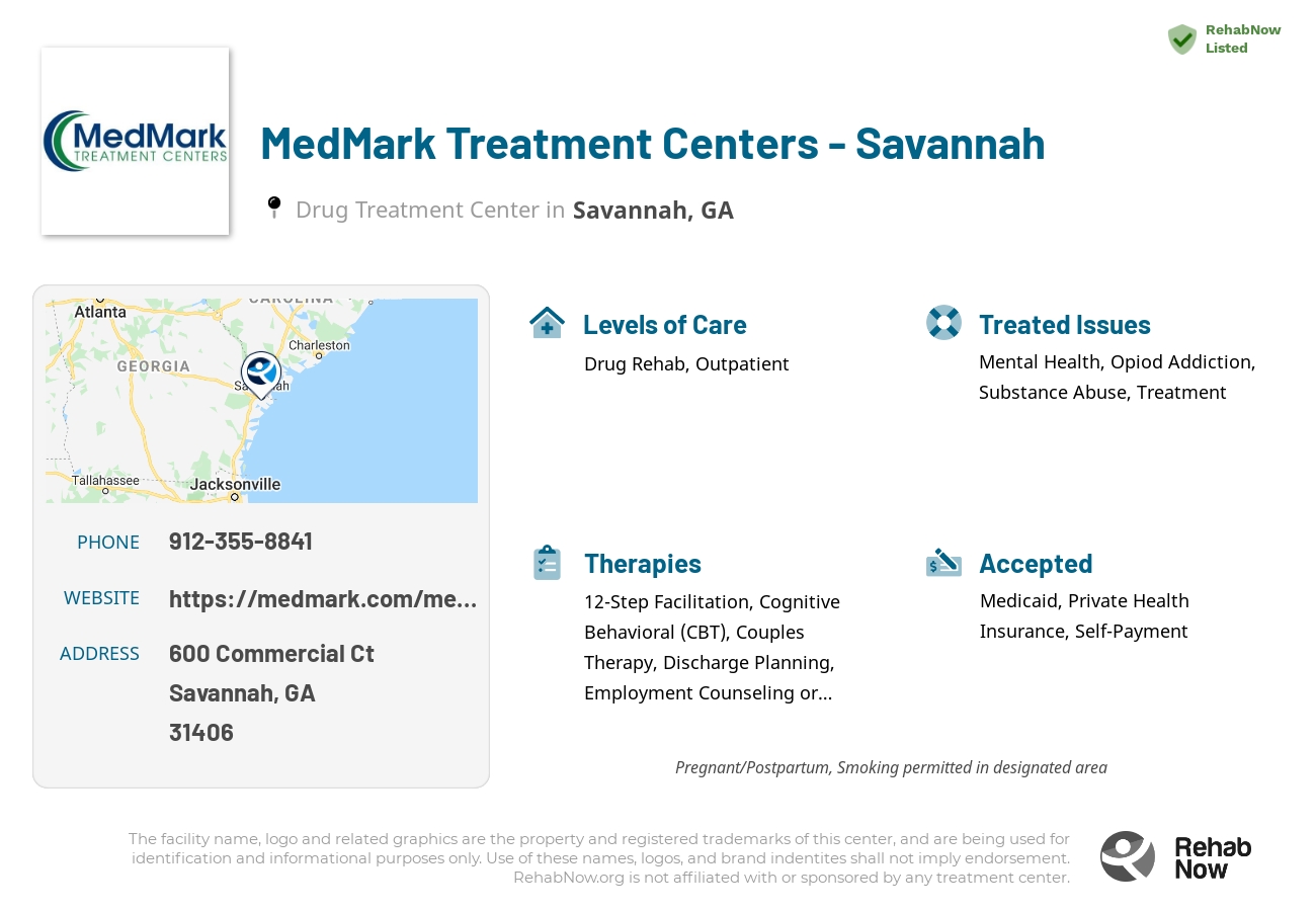 Helpful reference information for MedMark Treatment Centers - Savannah, a drug treatment center in Georgia located at: 600 Commercial Ct, Savannah, GA 31406, including phone numbers, official website, and more. Listed briefly is an overview of Levels of Care, Therapies Offered, Issues Treated, and accepted forms of Payment Methods.