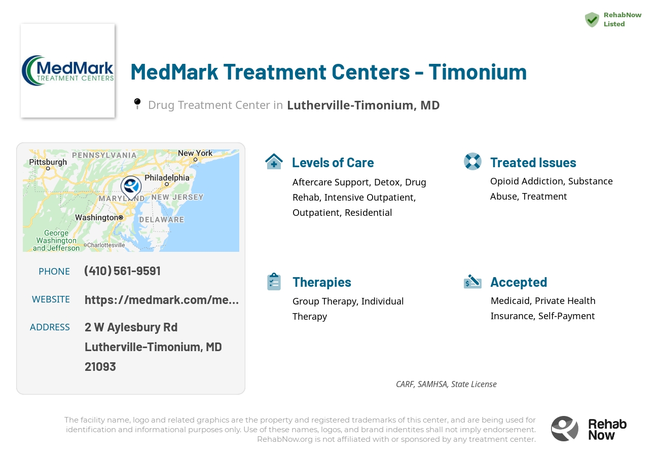 Helpful reference information for MedMark Treatment Centers - Timonium, a drug treatment center in Maryland located at: 2 W Aylesbury Rd, Lutherville-Timonium, MD 21093, including phone numbers, official website, and more. Listed briefly is an overview of Levels of Care, Therapies Offered, Issues Treated, and accepted forms of Payment Methods.