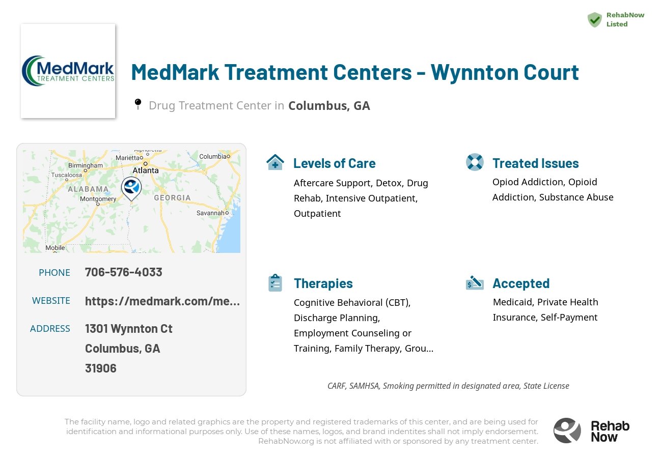Helpful reference information for MedMark Treatment Centers - Wynnton Court, a drug treatment center in Georgia located at: 1301 Wynnton Ct, Columbus, GA 31906, including phone numbers, official website, and more. Listed briefly is an overview of Levels of Care, Therapies Offered, Issues Treated, and accepted forms of Payment Methods.