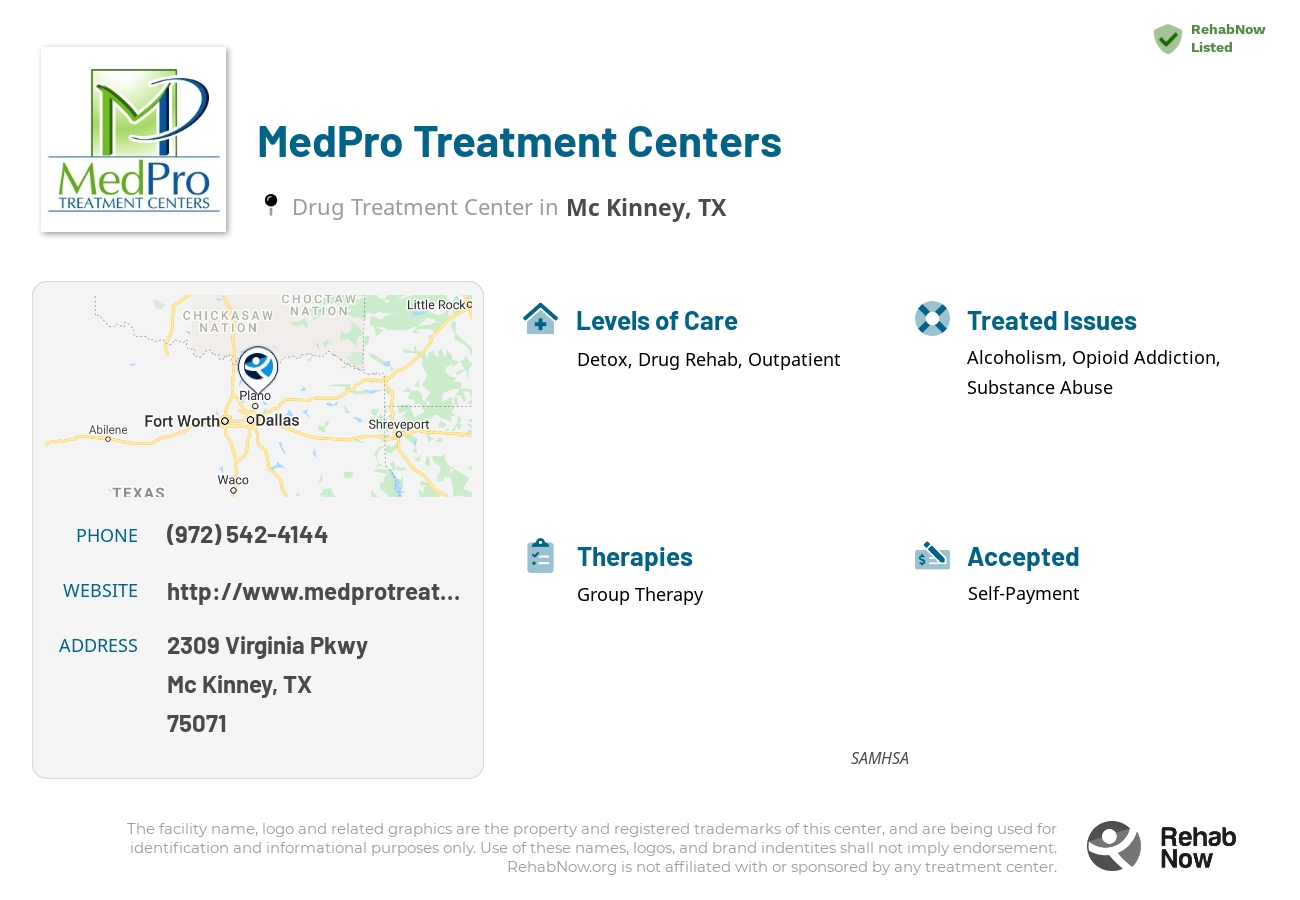 Helpful reference information for MedPro Treatment Centers, a drug treatment center in Texas located at: 2309 Virginia Pkwy, Mc Kinney, TX 75071, including phone numbers, official website, and more. Listed briefly is an overview of Levels of Care, Therapies Offered, Issues Treated, and accepted forms of Payment Methods.