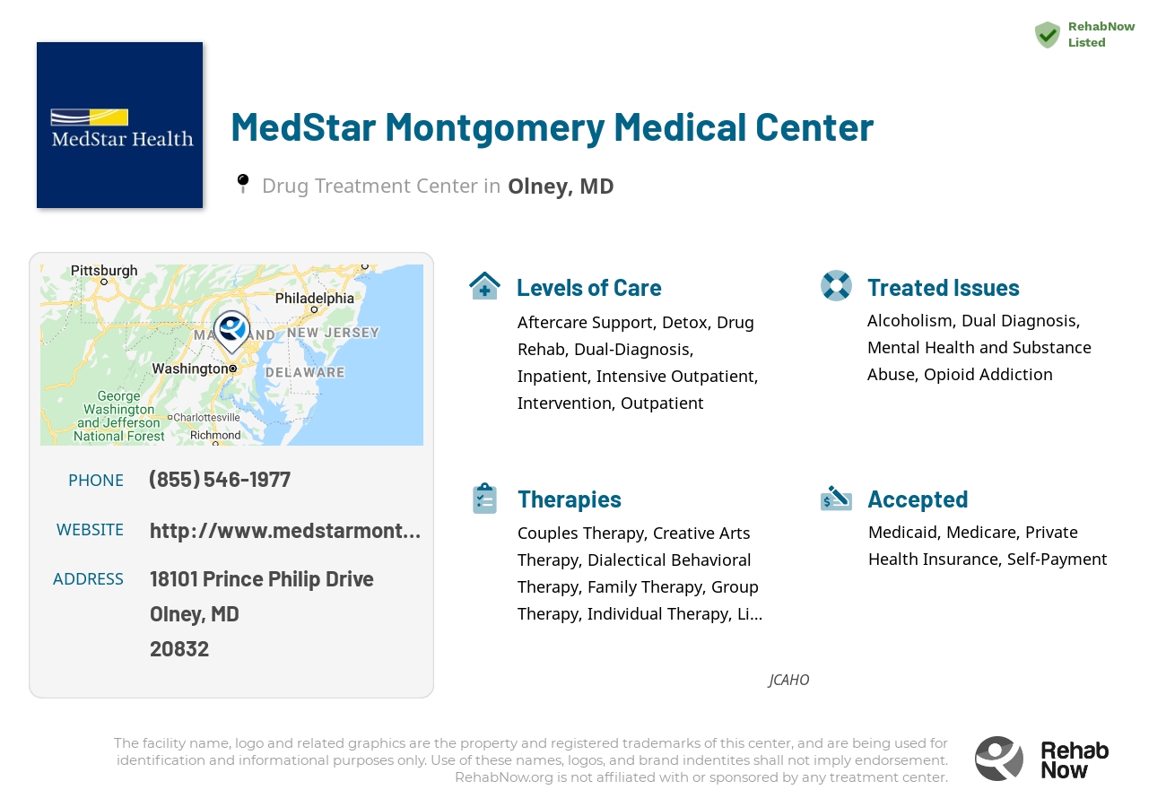Helpful reference information for MedStar Montgomery Medical Center, a drug treatment center in Maryland located at: 18101 Prince Philip Drive, Olney, MD, 20832, including phone numbers, official website, and more. Listed briefly is an overview of Levels of Care, Therapies Offered, Issues Treated, and accepted forms of Payment Methods.