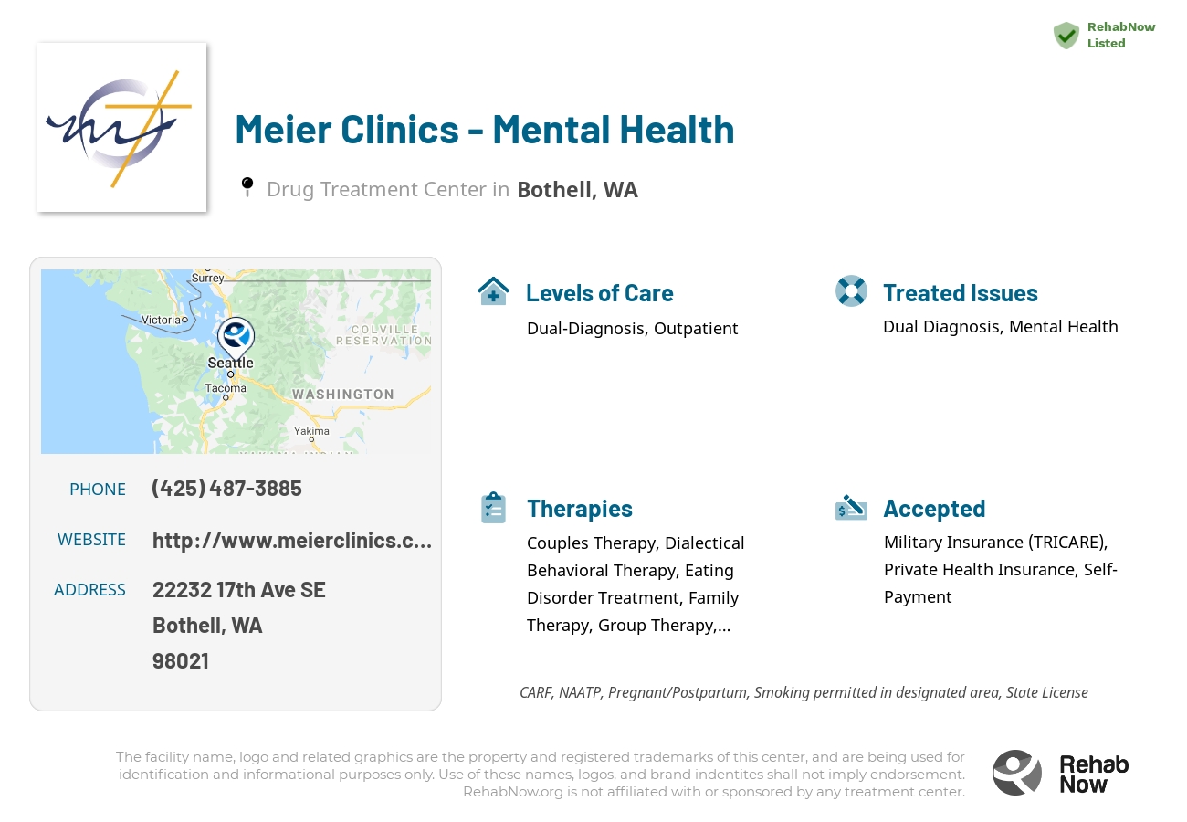 Helpful reference information for Meier Clinics - Mental Health, a drug treatment center in Washington located at: 22232 17th Ave SE, Bothell, WA 98021, including phone numbers, official website, and more. Listed briefly is an overview of Levels of Care, Therapies Offered, Issues Treated, and accepted forms of Payment Methods.