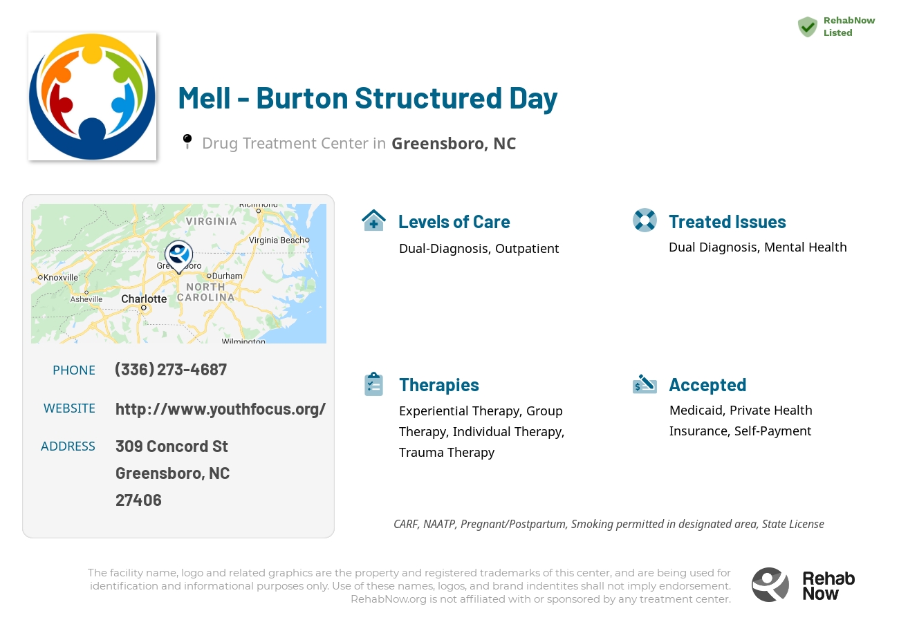 Helpful reference information for Mell - Burton Structured Day, a drug treatment center in North Carolina located at: 309 Concord St, Greensboro, NC 27406, including phone numbers, official website, and more. Listed briefly is an overview of Levels of Care, Therapies Offered, Issues Treated, and accepted forms of Payment Methods.