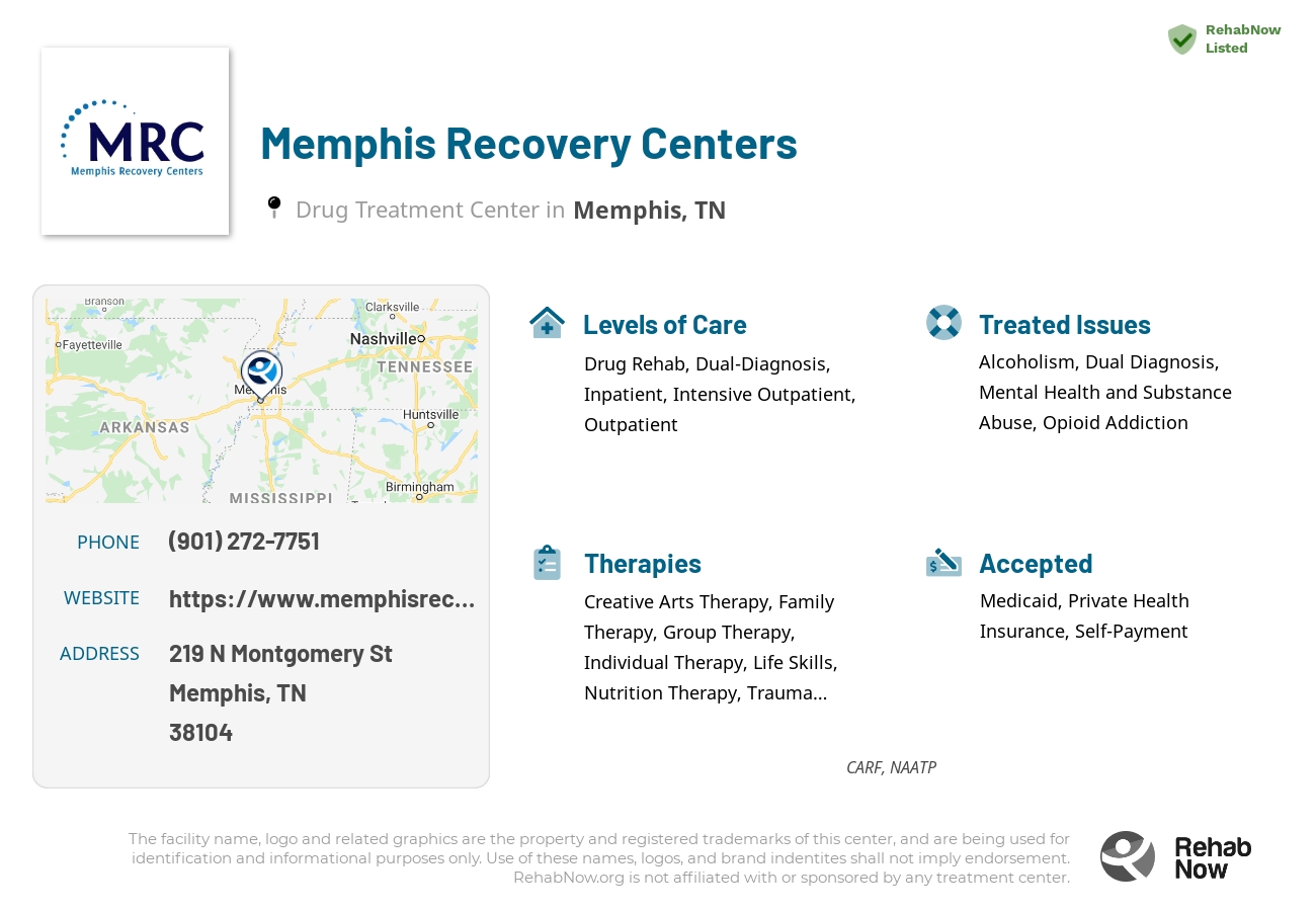 Helpful reference information for Memphis Recovery Centers, a drug treatment center in Tennessee located at: 219 N Montgomery St, Memphis, TN 38104, including phone numbers, official website, and more. Listed briefly is an overview of Levels of Care, Therapies Offered, Issues Treated, and accepted forms of Payment Methods.