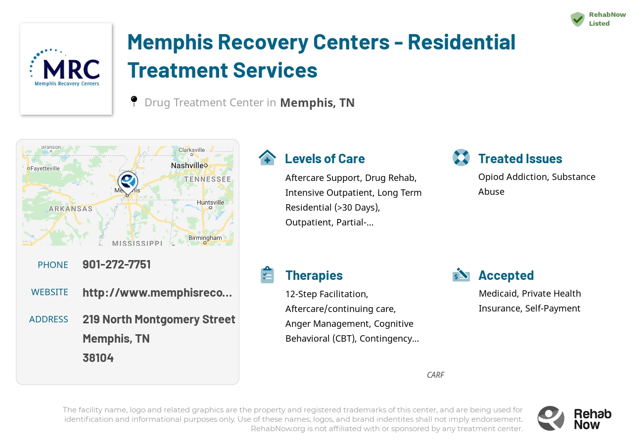 Helpful reference information for Memphis Recovery Centers - Residential Treatment Services, a drug treatment center in Tennessee located at: 219 North Montgomery Street, Memphis, TN 38104, including phone numbers, official website, and more. Listed briefly is an overview of Levels of Care, Therapies Offered, Issues Treated, and accepted forms of Payment Methods.