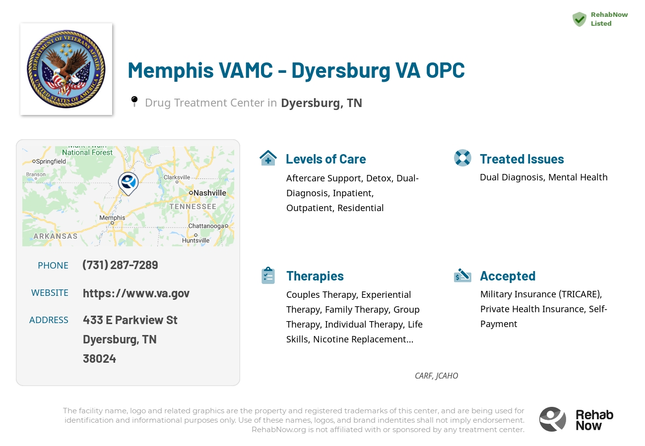 Helpful reference information for Memphis VAMC - Dyersburg VA OPC, a drug treatment center in Tennessee located at: 433 E Parkview St, Dyersburg, TN 38024, including phone numbers, official website, and more. Listed briefly is an overview of Levels of Care, Therapies Offered, Issues Treated, and accepted forms of Payment Methods.