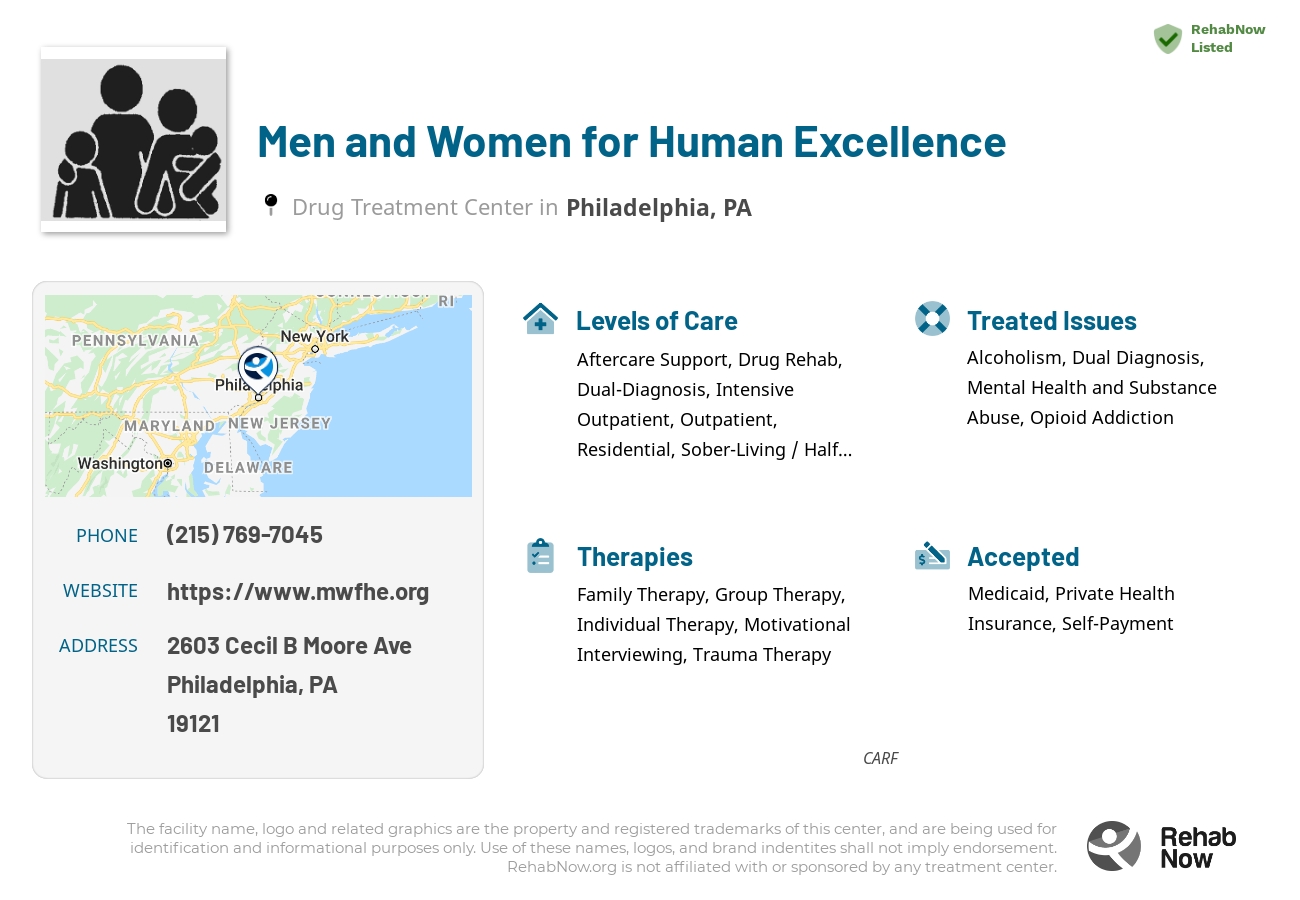 Helpful reference information for Men and Women for Human Excellence, a drug treatment center in Pennsylvania located at: 2603 Cecil B Moore Ave, Philadelphia, PA 19121, including phone numbers, official website, and more. Listed briefly is an overview of Levels of Care, Therapies Offered, Issues Treated, and accepted forms of Payment Methods.