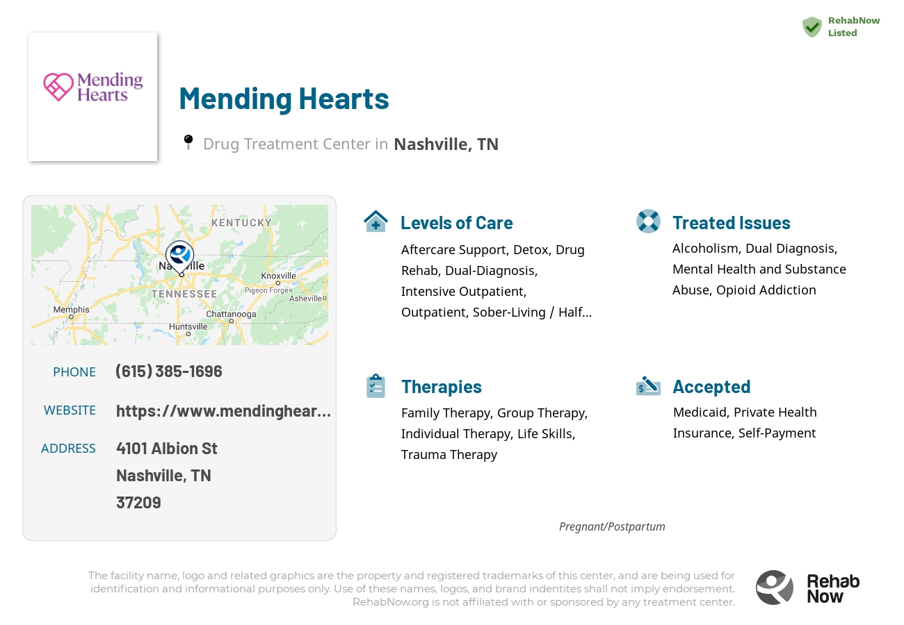 Helpful reference information for Mending Hearts, a drug treatment center in Tennessee located at: 4101 Albion St, Nashville, TN 37209, including phone numbers, official website, and more. Listed briefly is an overview of Levels of Care, Therapies Offered, Issues Treated, and accepted forms of Payment Methods.