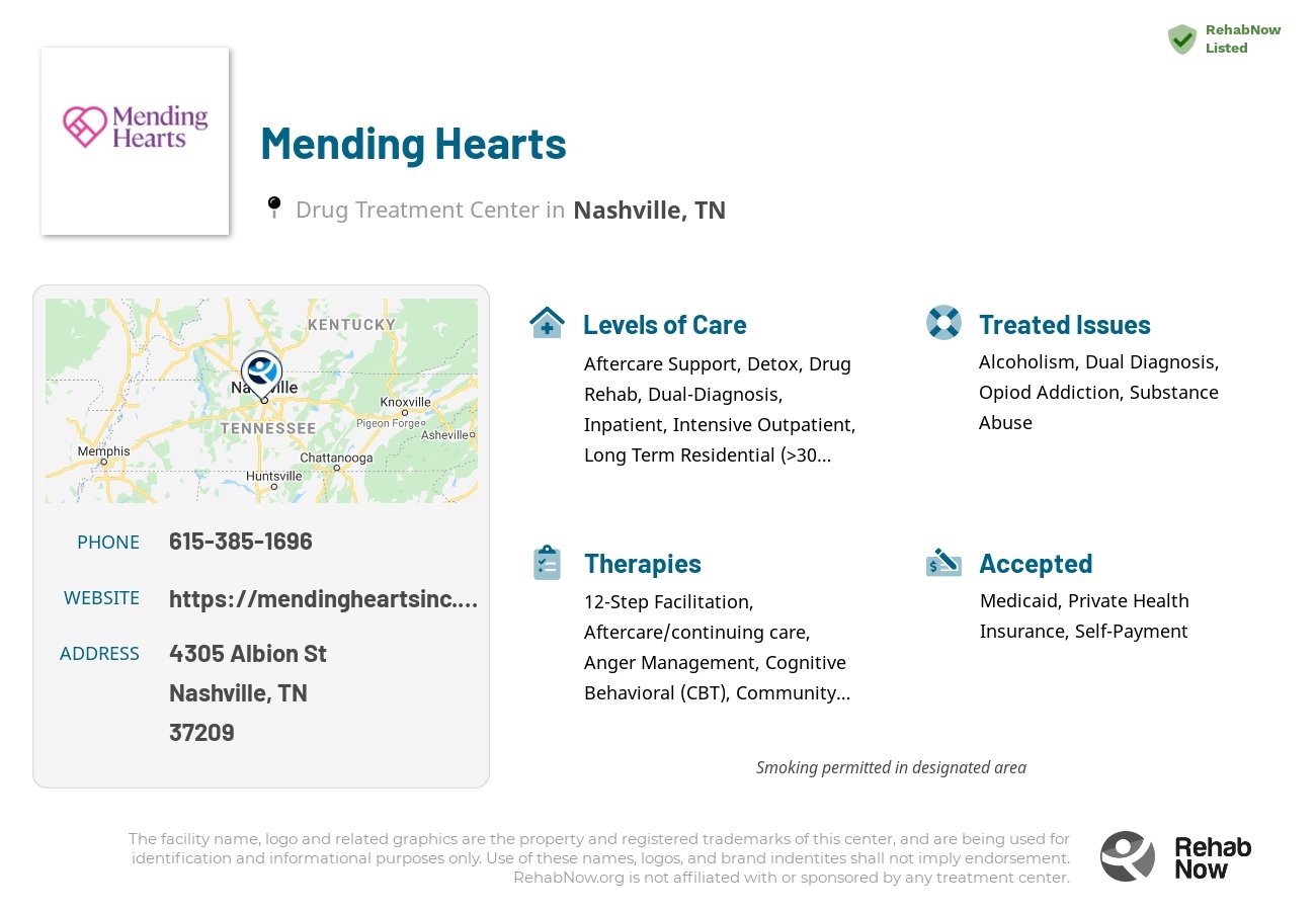 Helpful reference information for Mending Hearts, a drug treatment center in Tennessee located at: 4305 Albion St, Nashville, TN 37209, including phone numbers, official website, and more. Listed briefly is an overview of Levels of Care, Therapies Offered, Issues Treated, and accepted forms of Payment Methods.