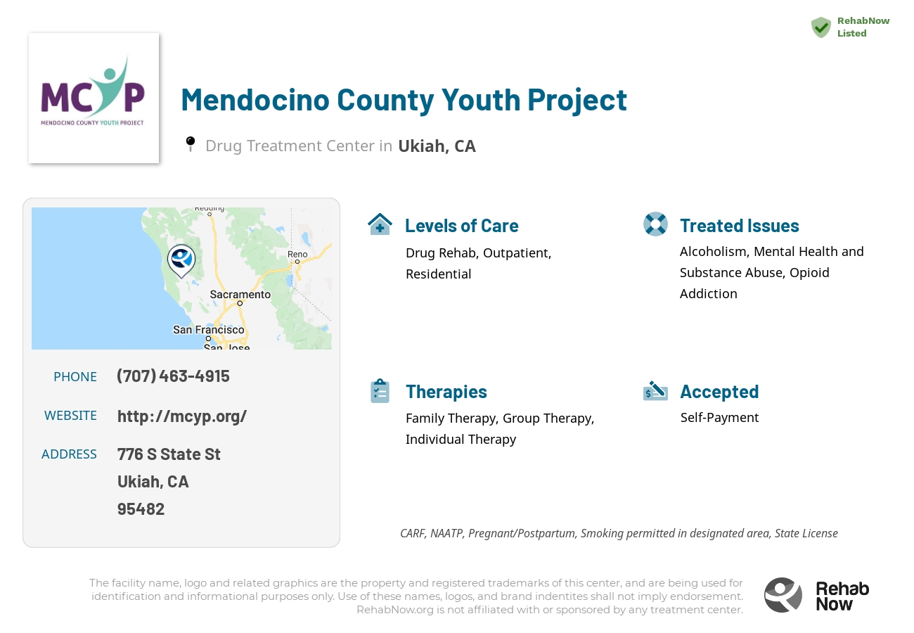 Helpful reference information for Mendocino County Youth Project, a drug treatment center in California located at: 776 S State St, Ukiah, CA 95482, including phone numbers, official website, and more. Listed briefly is an overview of Levels of Care, Therapies Offered, Issues Treated, and accepted forms of Payment Methods.